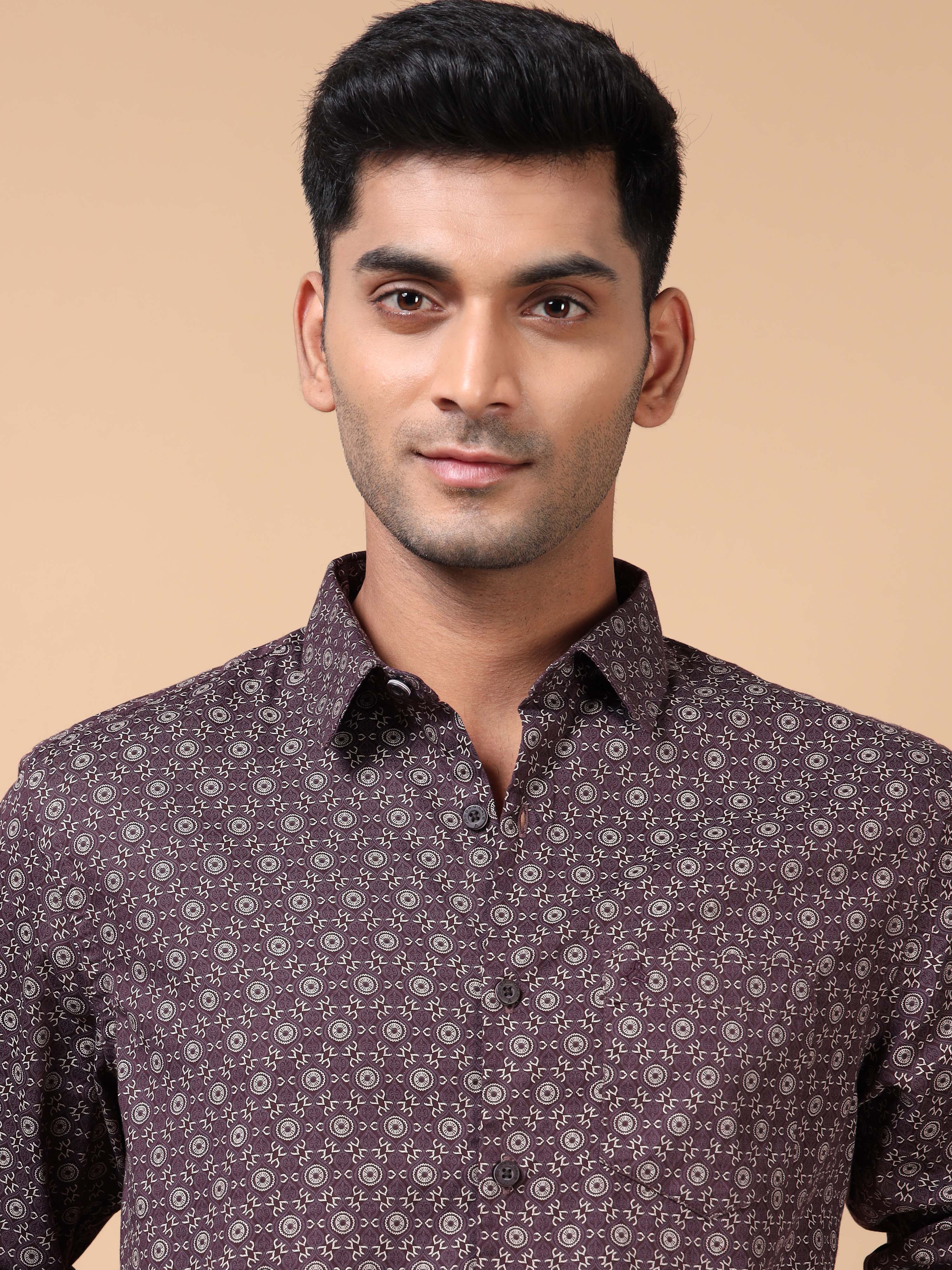 MEN'S BURGUNDY PRINT SLIM FIT SHIRT