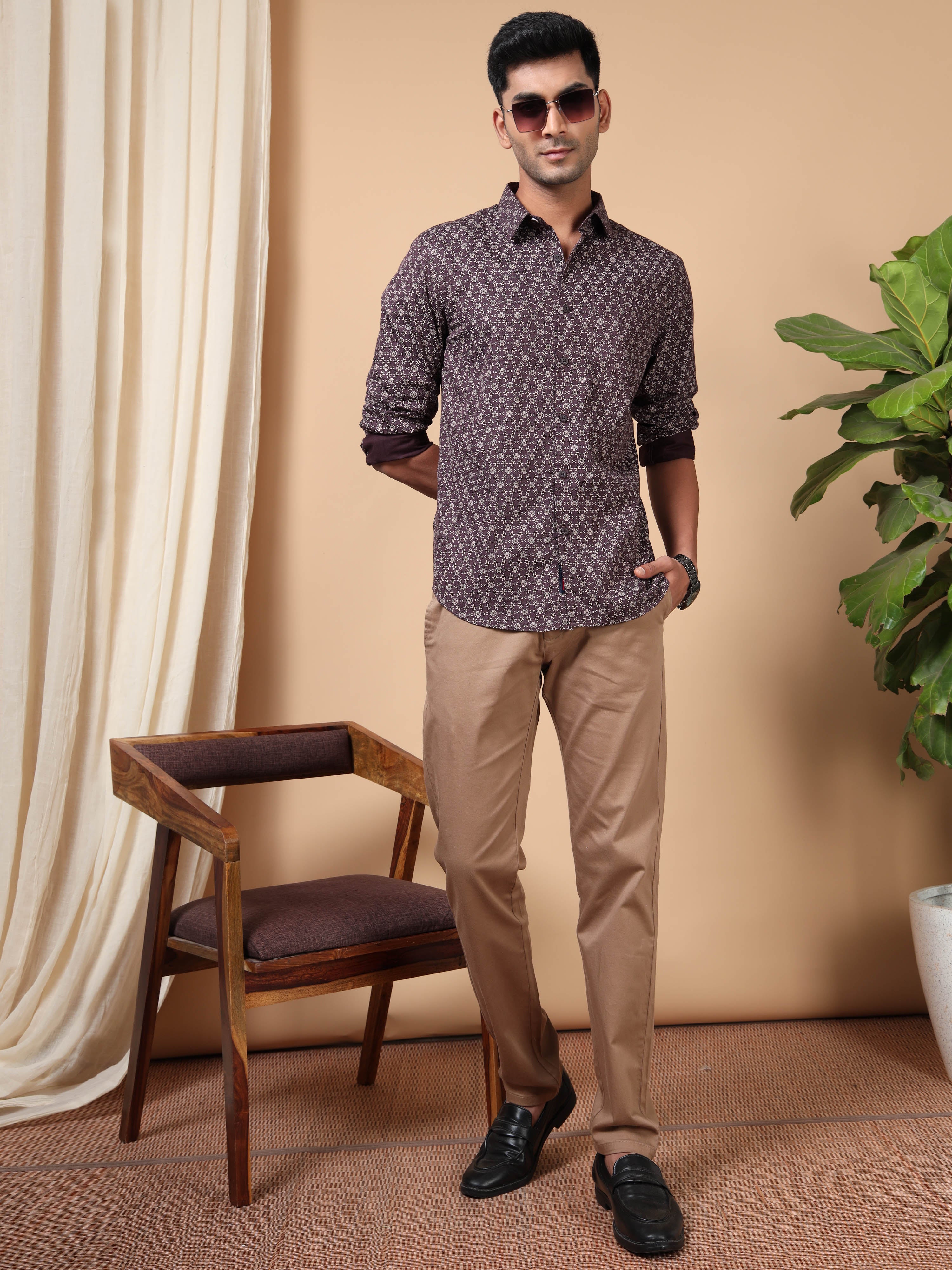 MEN'S BURGUNDY PRINT SLIM FIT SHIRT