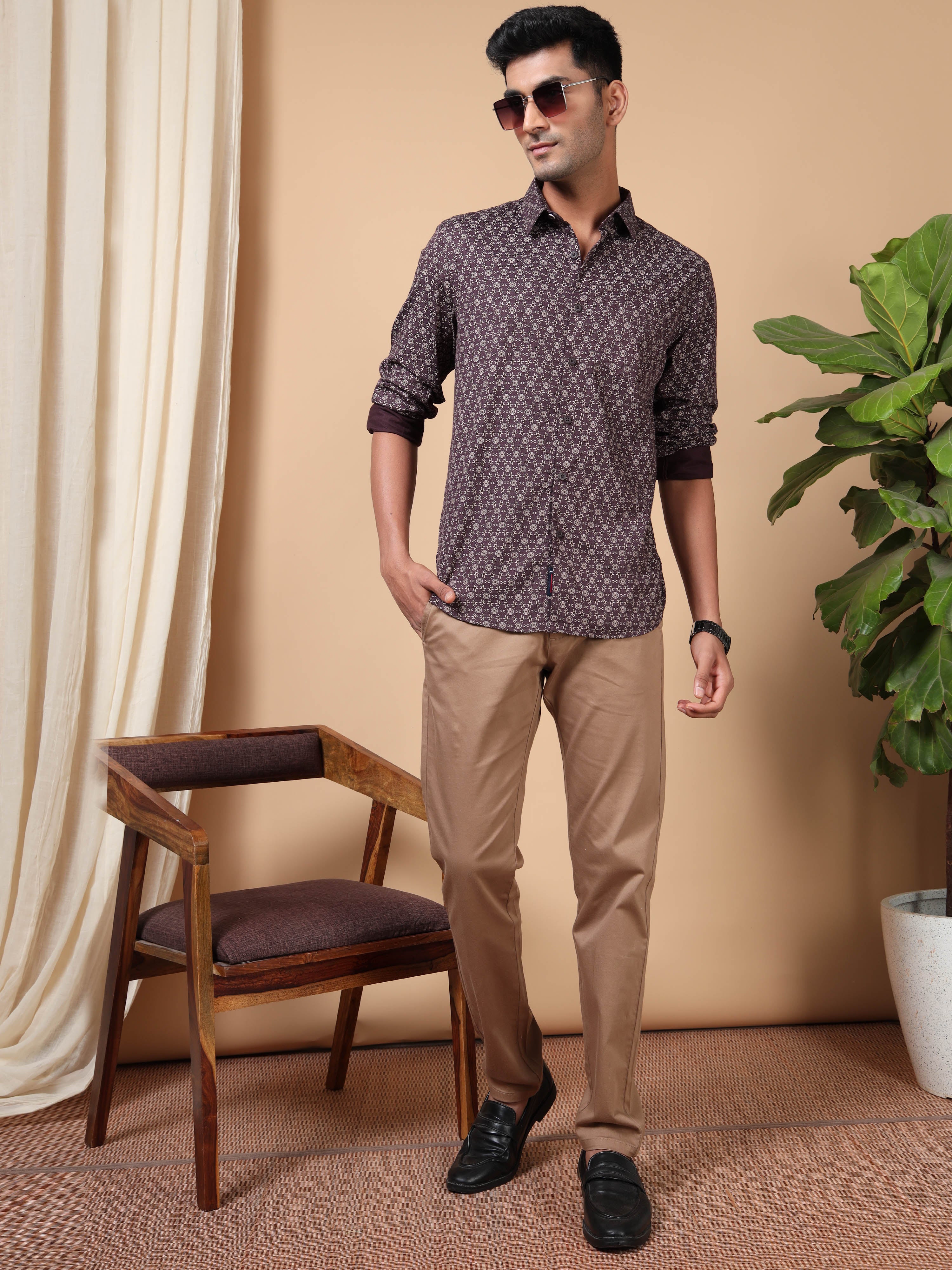 MEN'S BURGUNDY PRINT SLIM FIT SHIRT