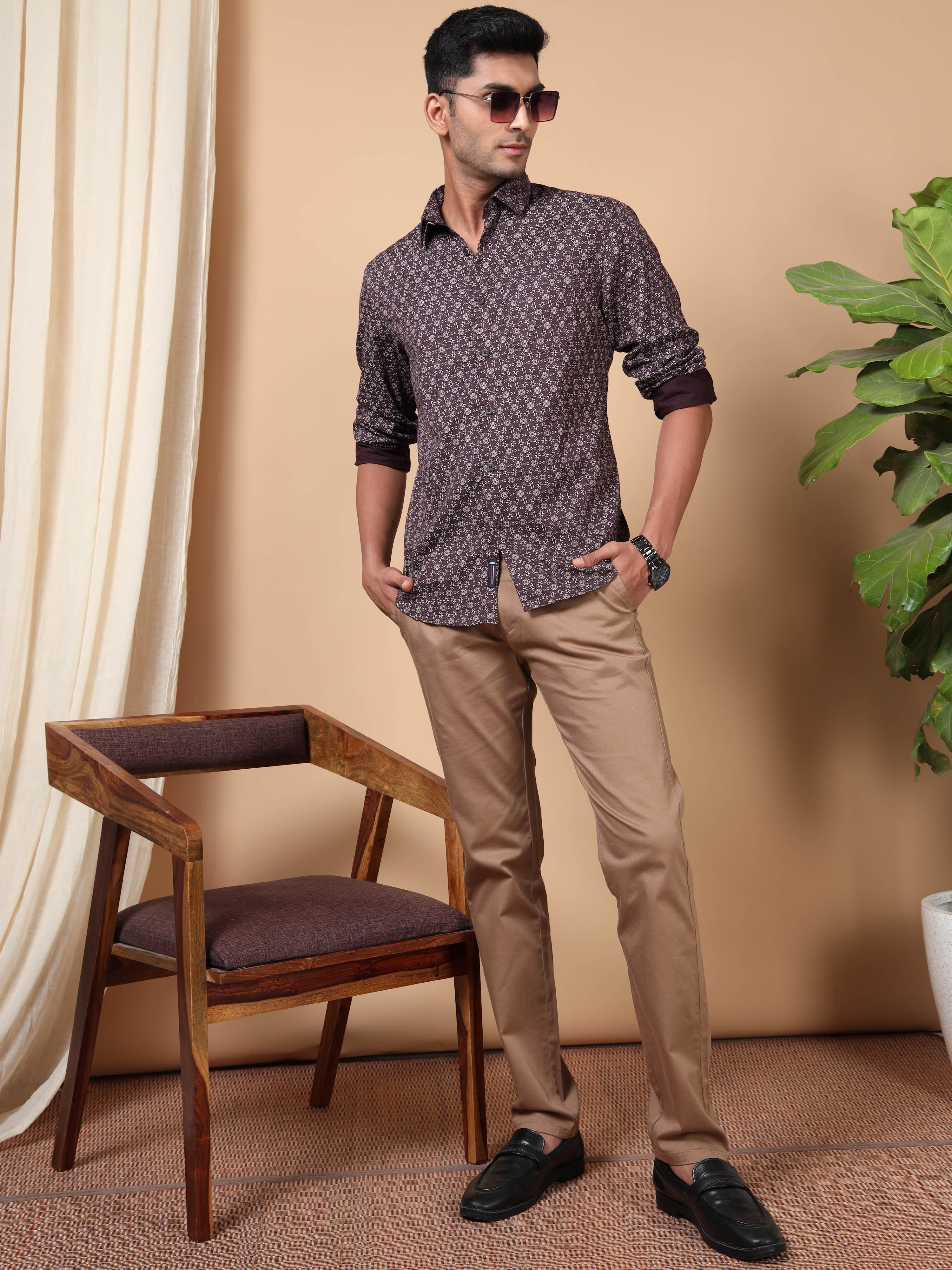 MEN'S BURGUNDY PRINT SLIM FIT SHIRT