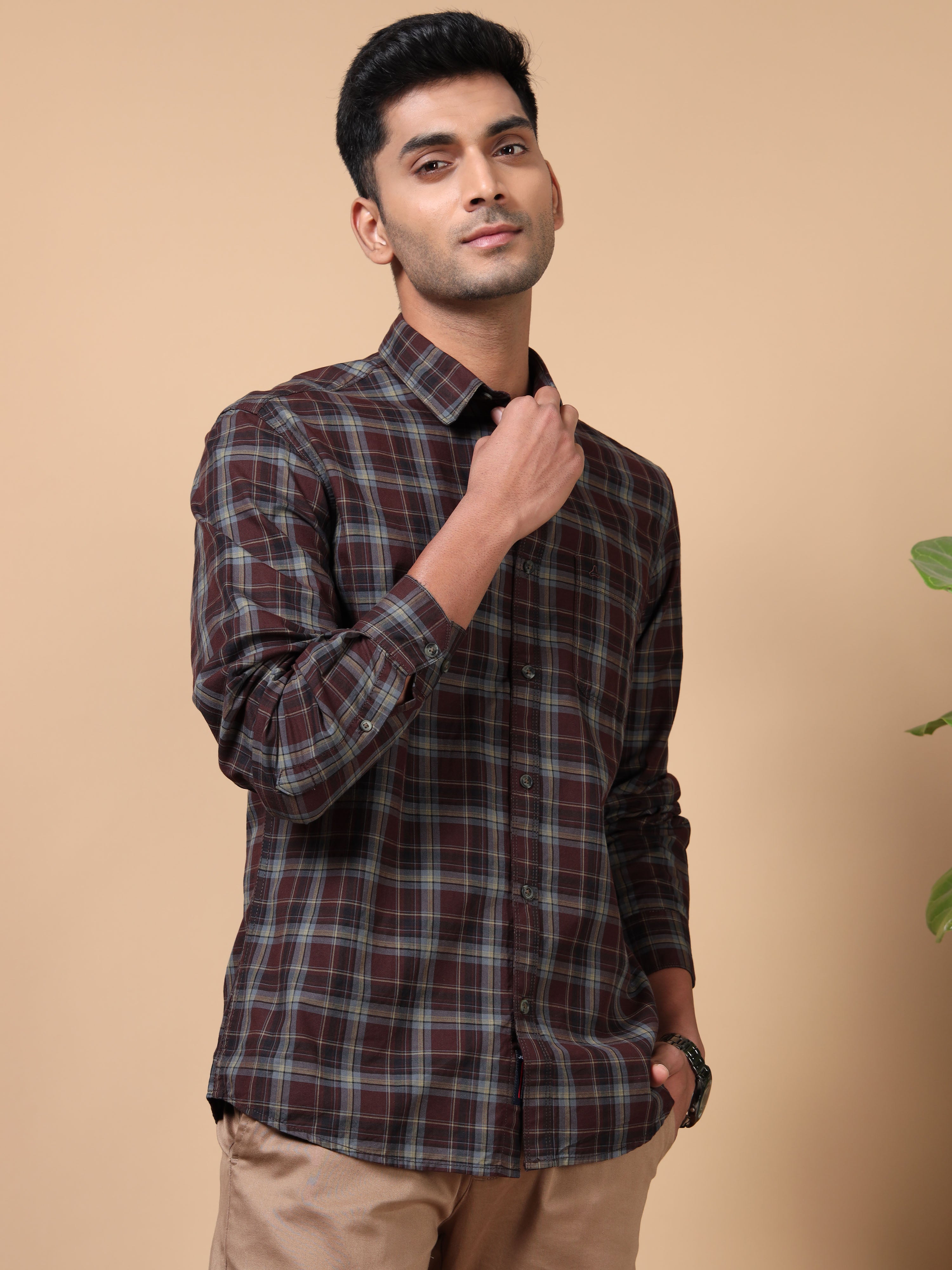 MEN'S MAROON CHECKS SLIM FIT SHIRT