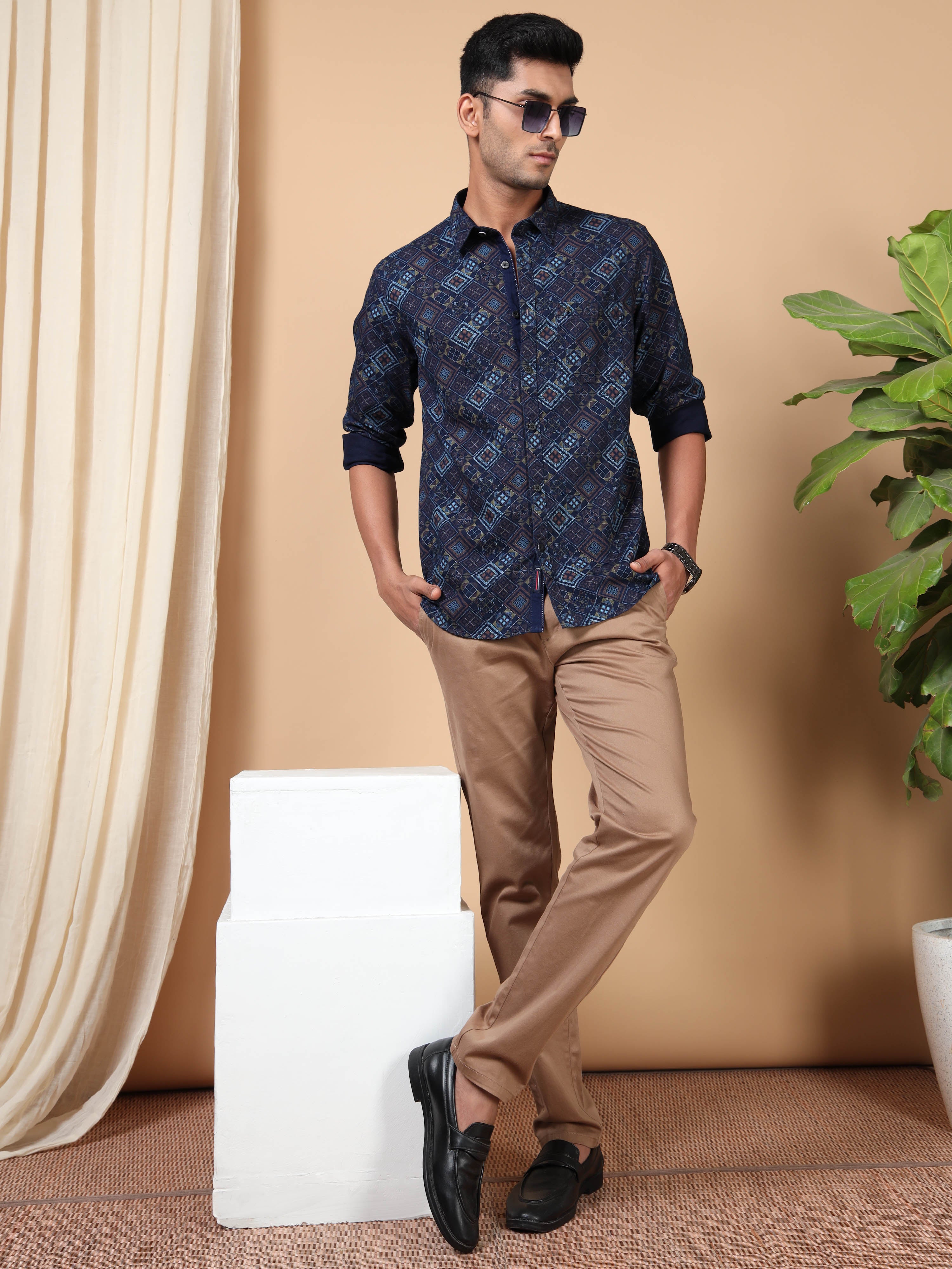 MEN'S NAVY PRINT SLIM FIT SHIRT