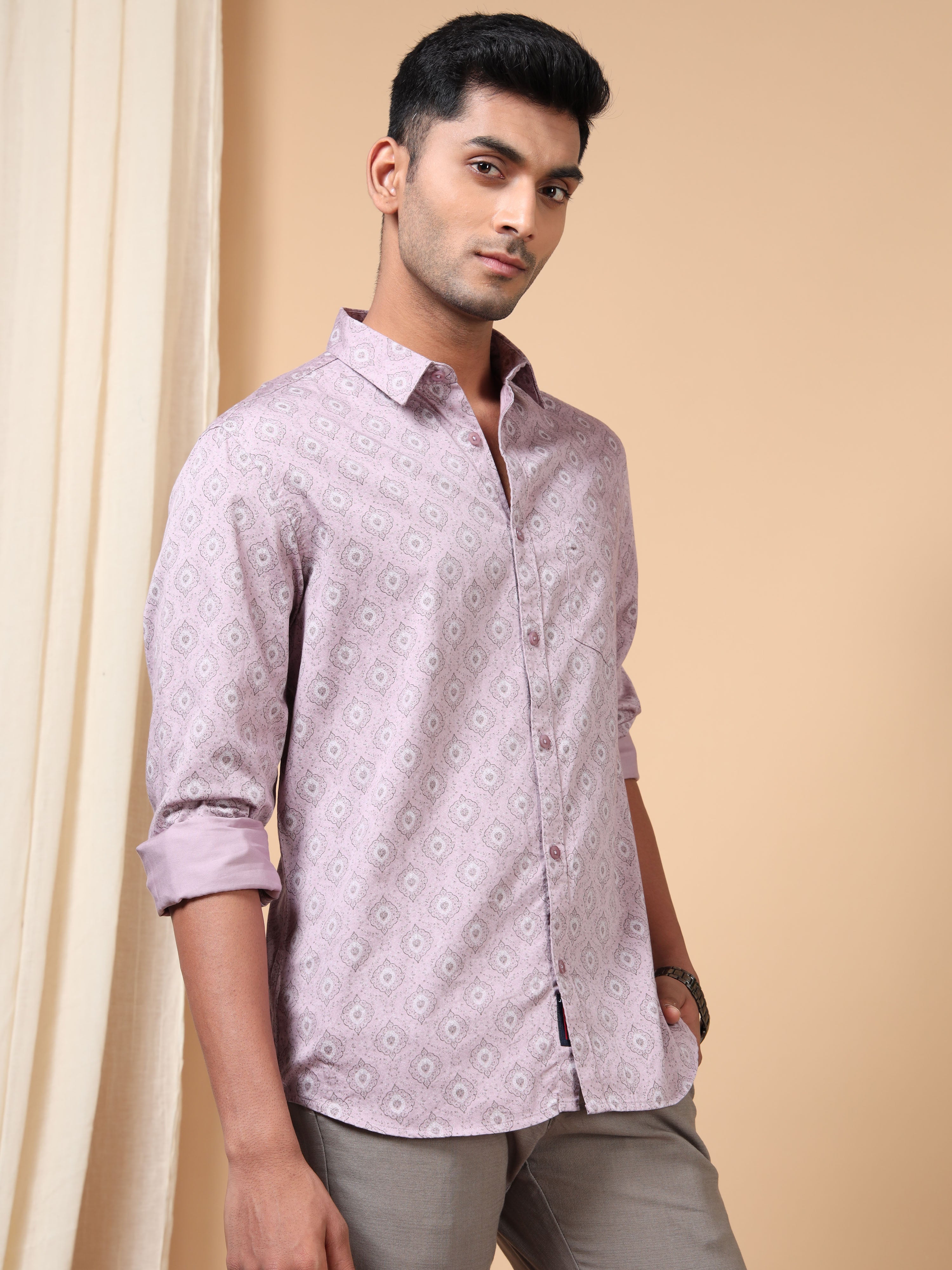 MEN'S LT PINK PRINT SLIM FIT SHIRT