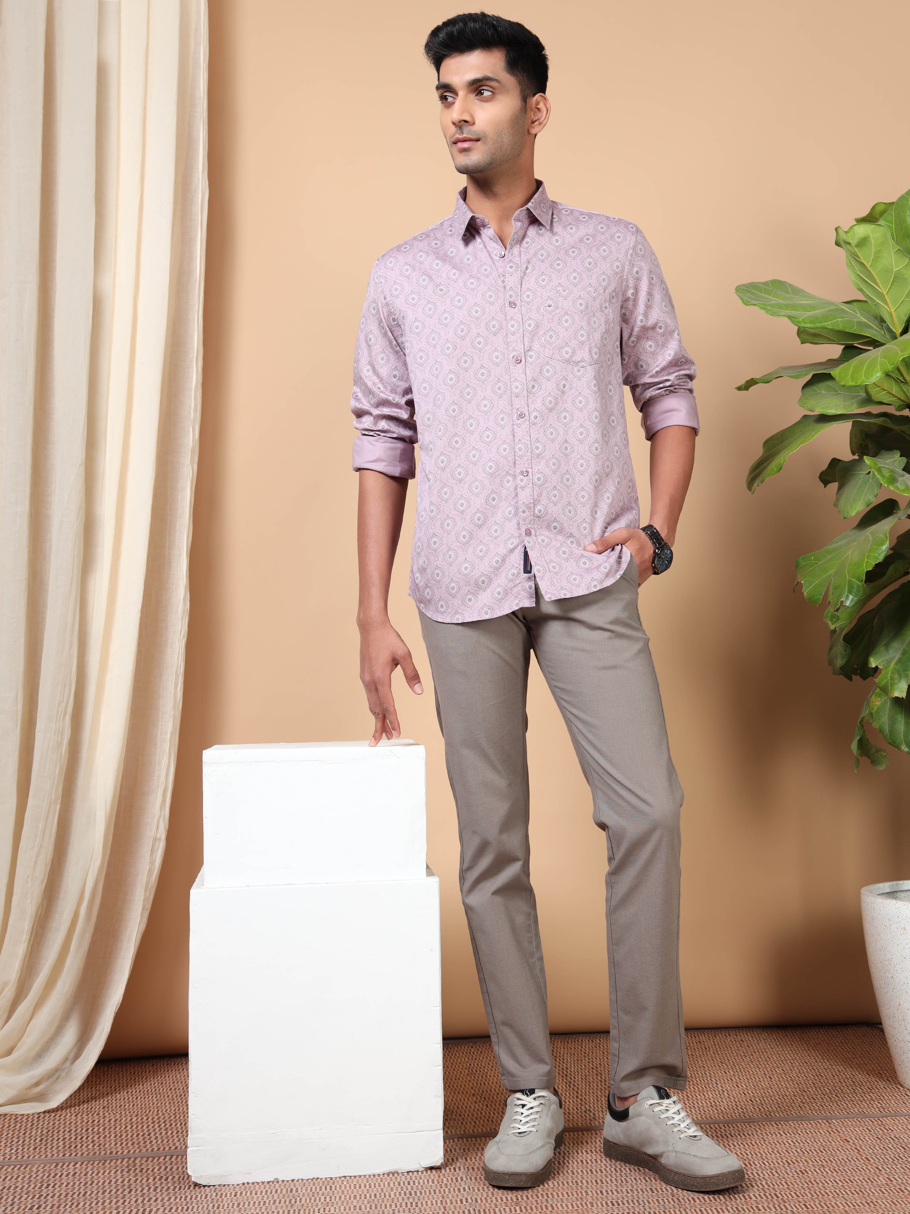 MEN'S LT PINK PRINT SLIM FIT SHIRT