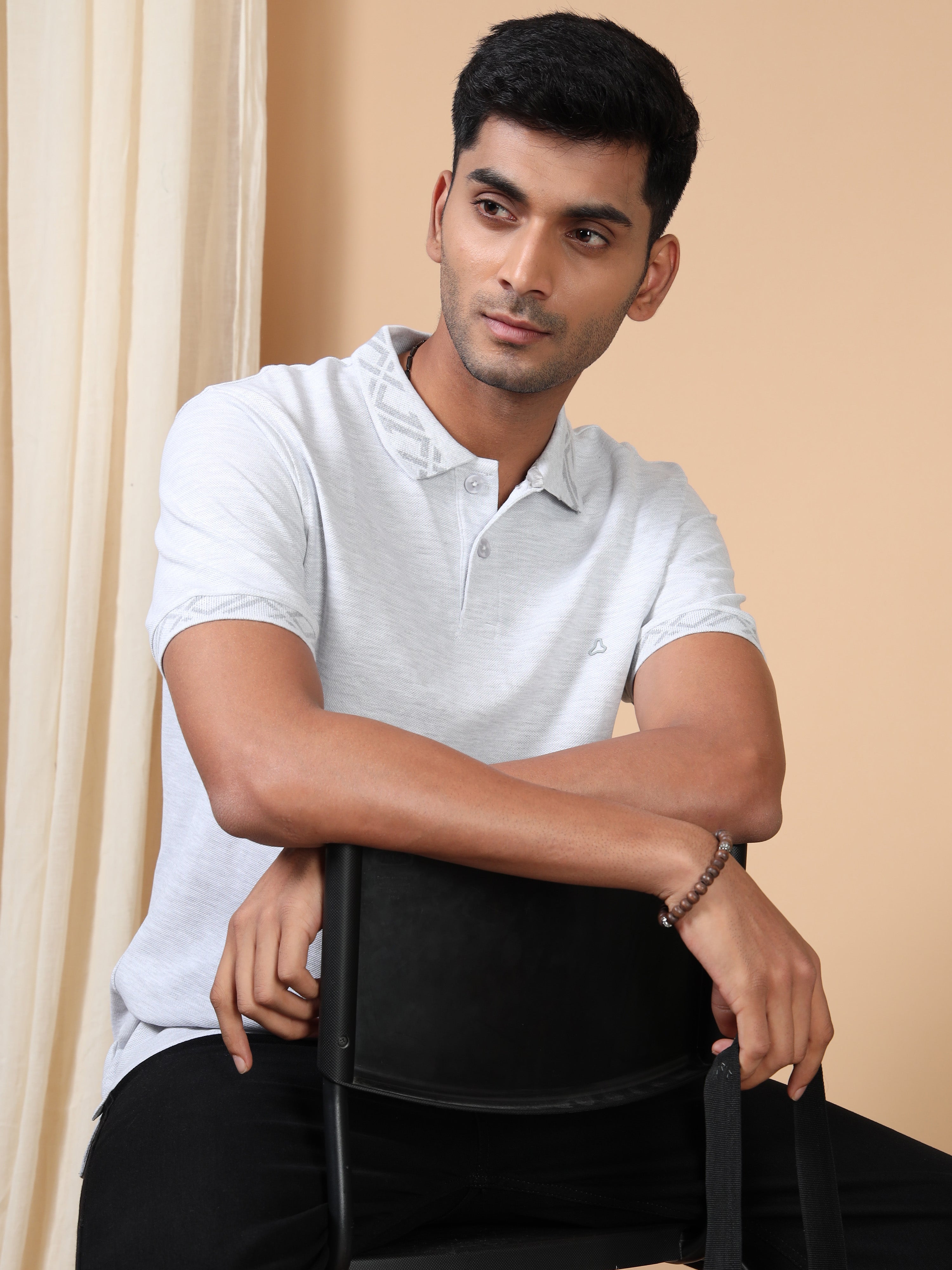 MEN'S ECRU MELANGE SLIM FIT POLO TSHIRT