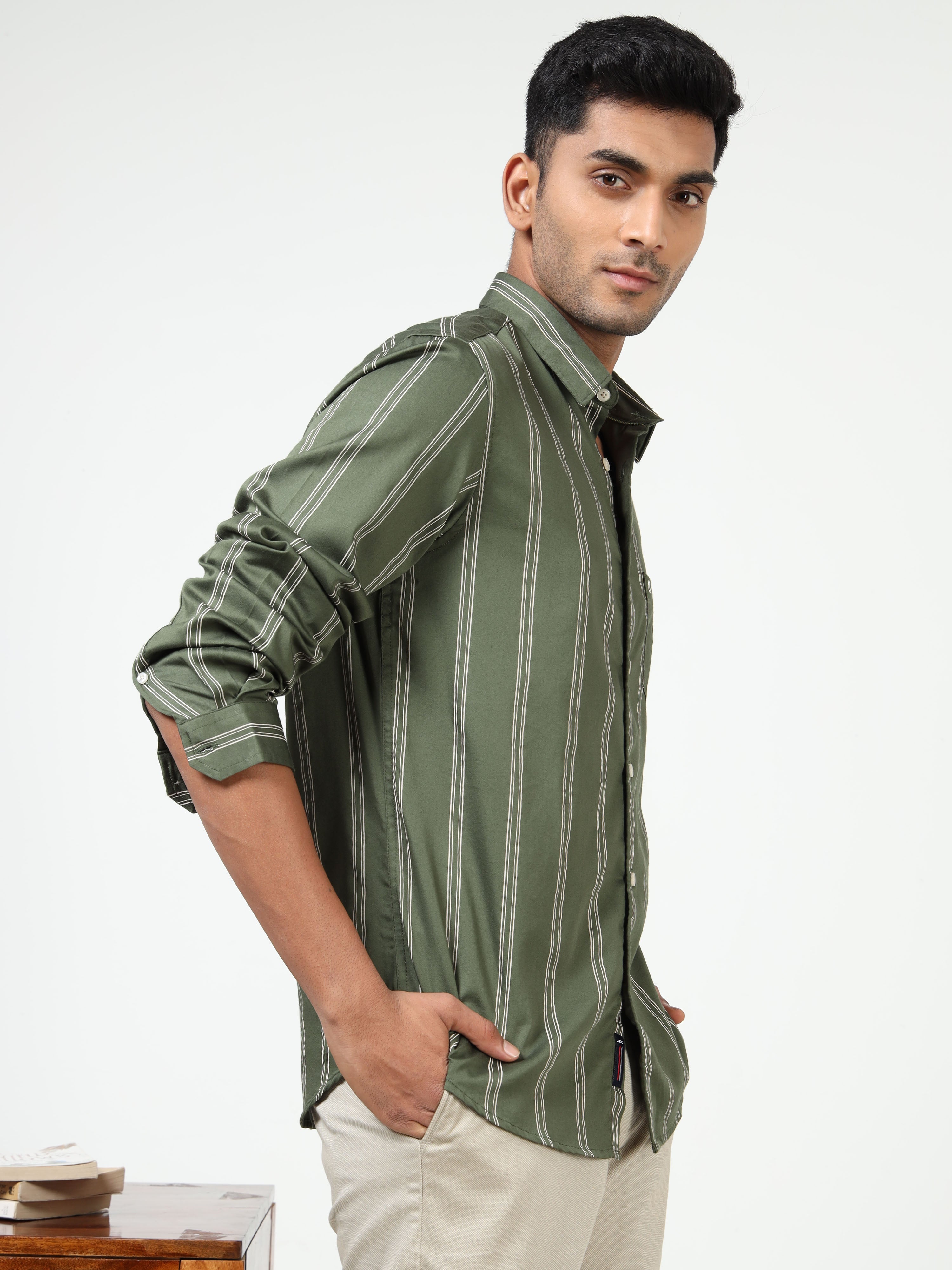 MEN'S GREEN STRIPE SLIM FIT SHIRT