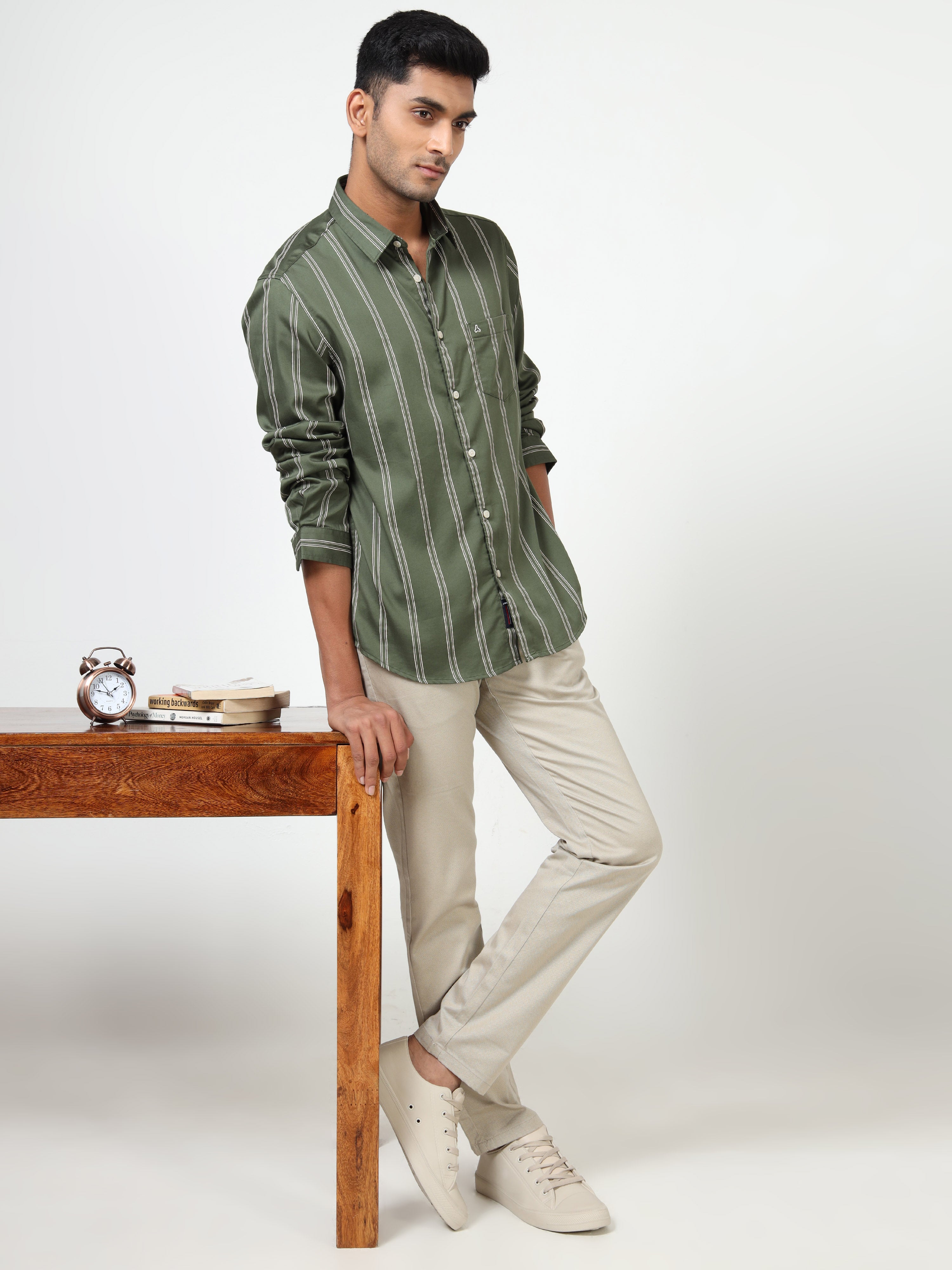 MEN'S GREEN STRIPE SLIM FIT SHIRT