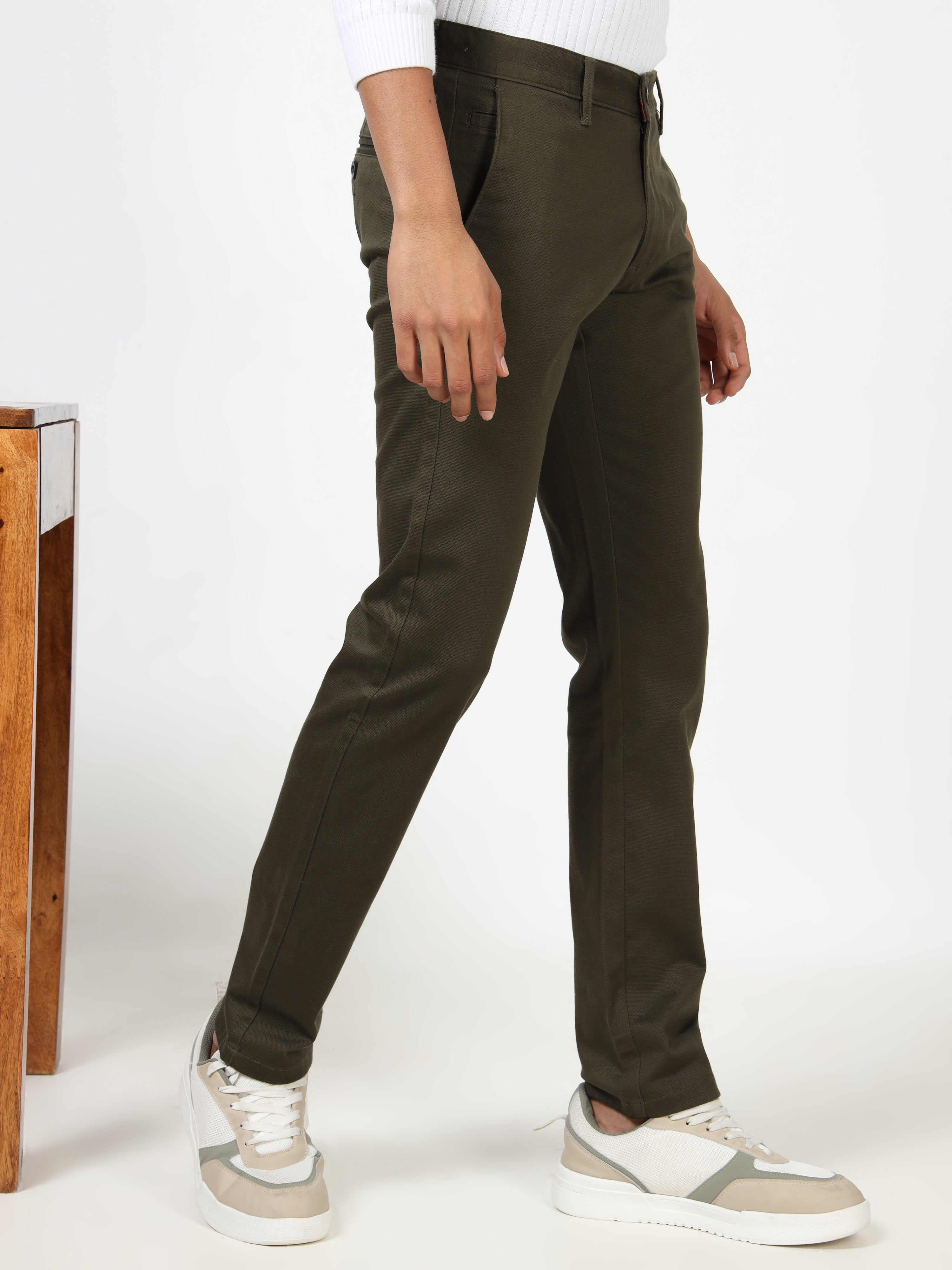 MEN'S OLIVE SOLID SLIM FIT TROUSER