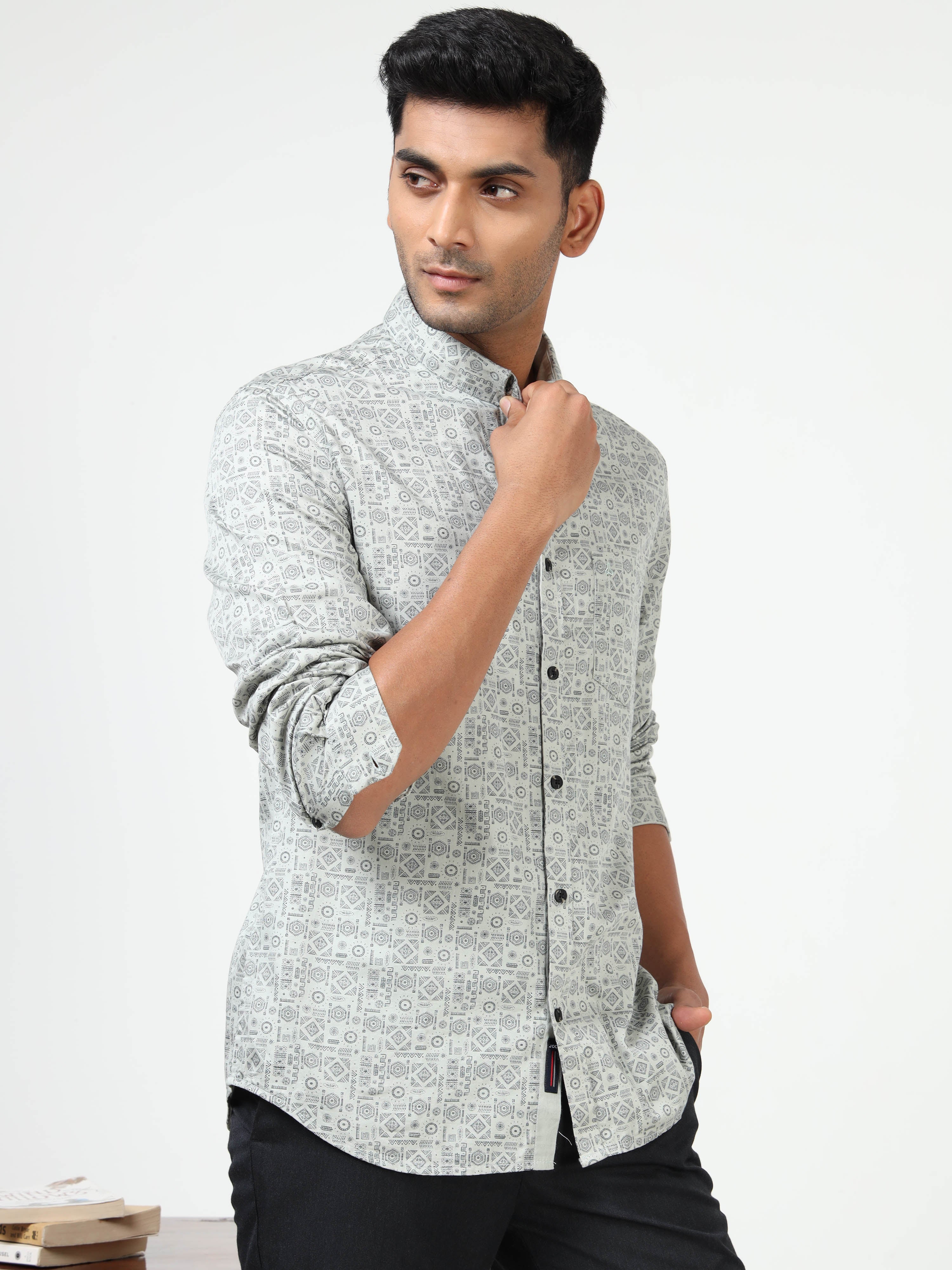MEN'S GREY PRINT SLIM FIT SHIRT