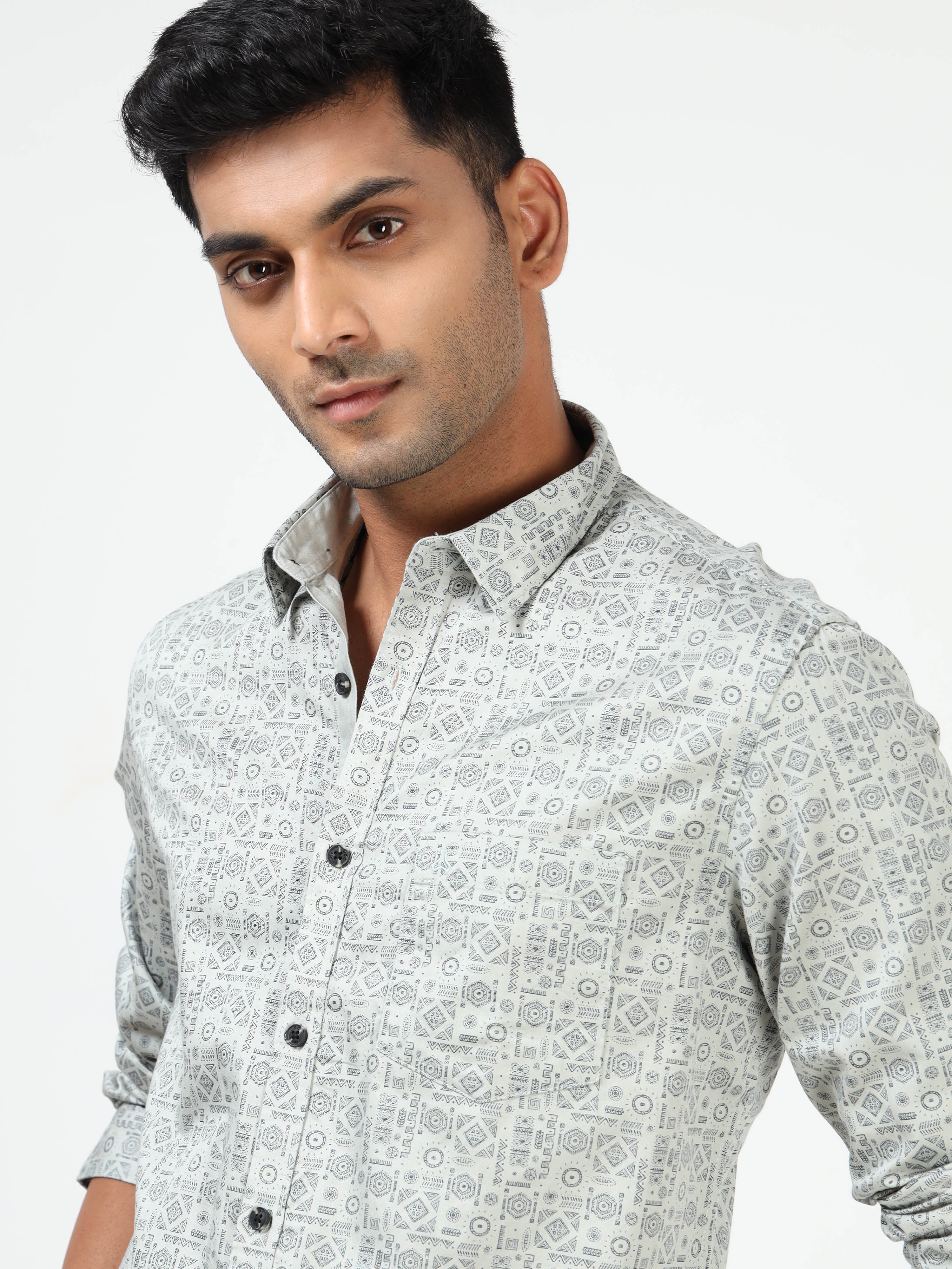 MEN'S GREY PRINT SLIM FIT SHIRT