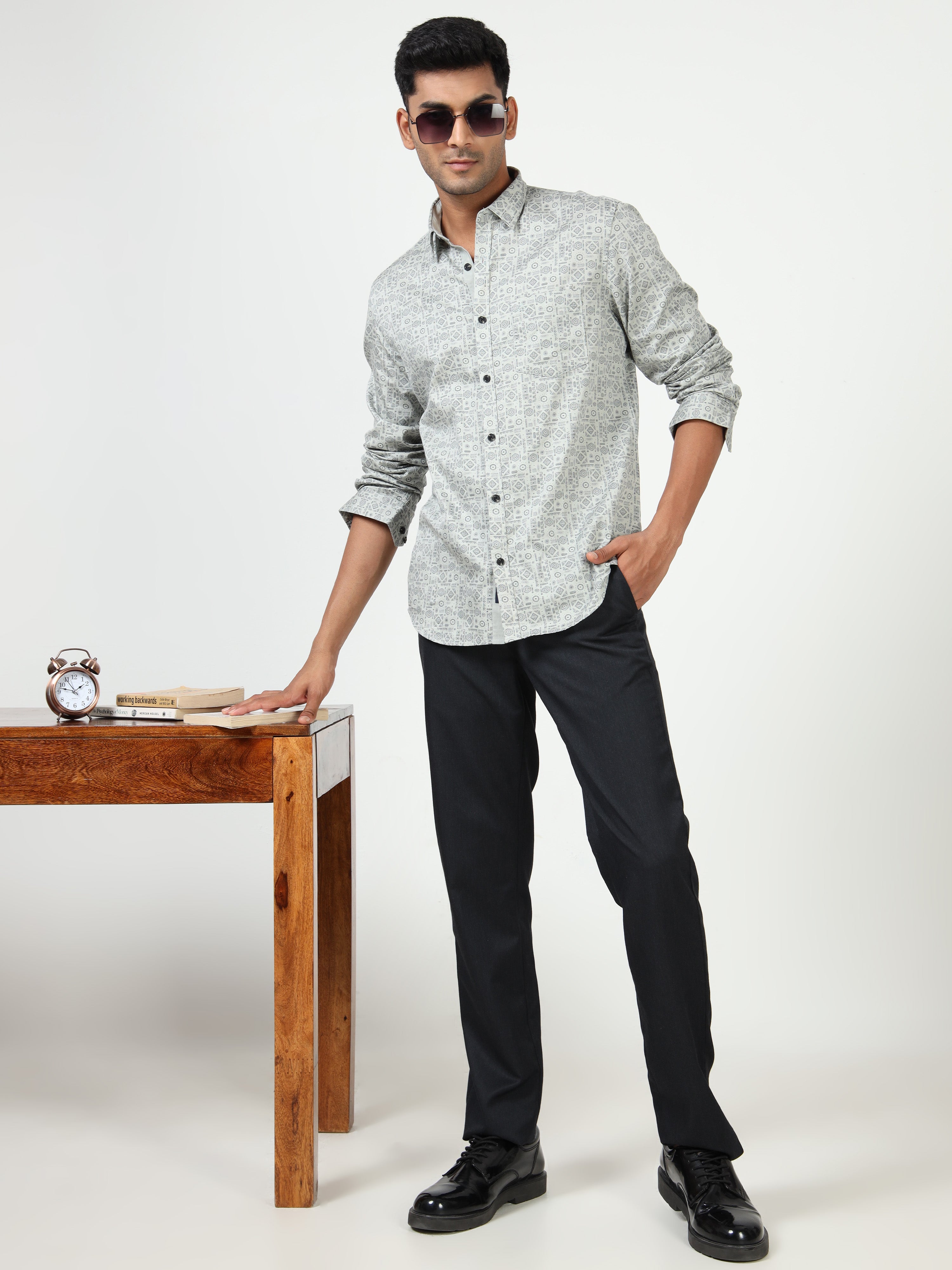 MEN'S GREY PRINT SLIM FIT SHIRT