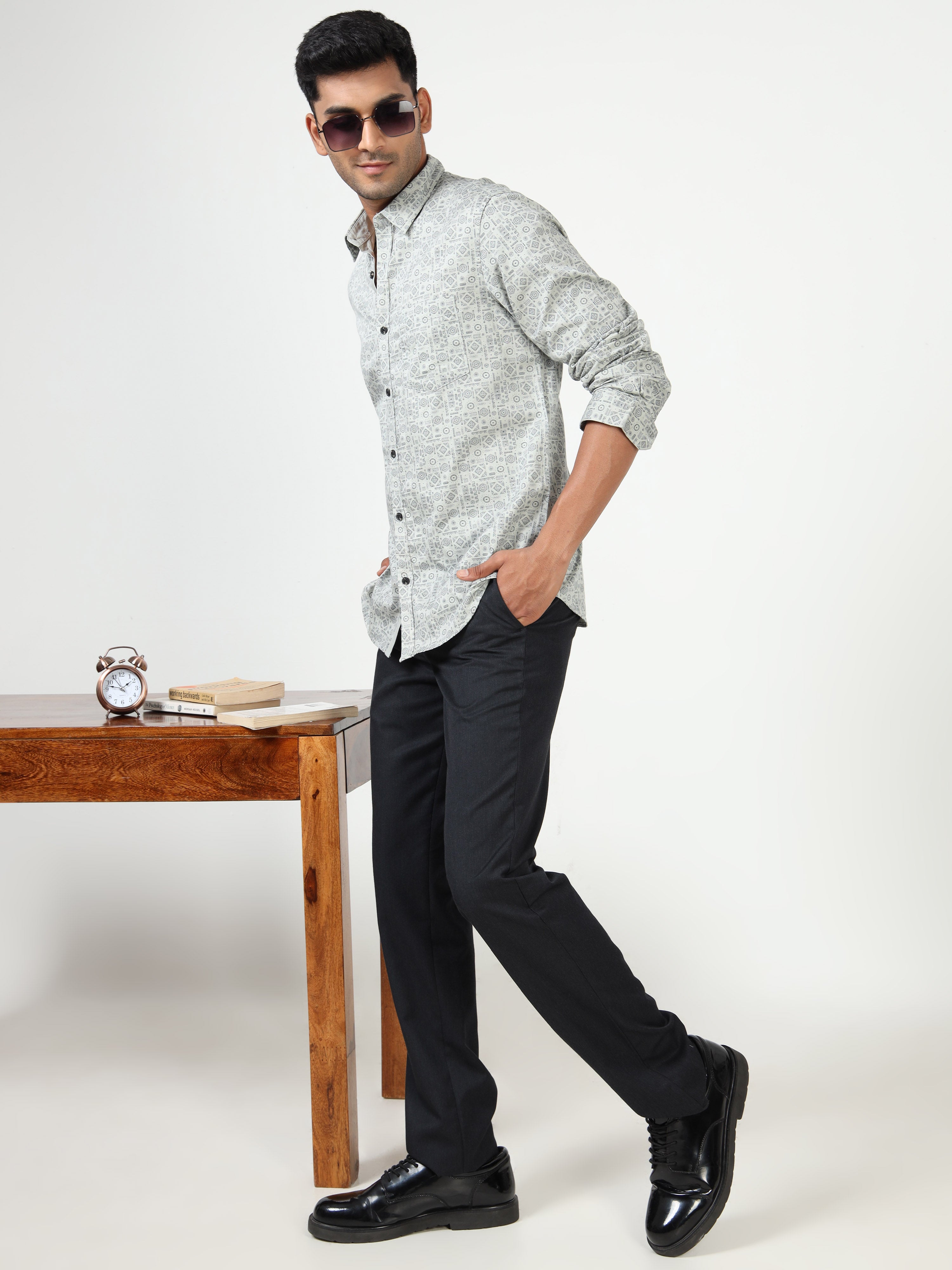 MEN'S GREY PRINT SLIM FIT SHIRT