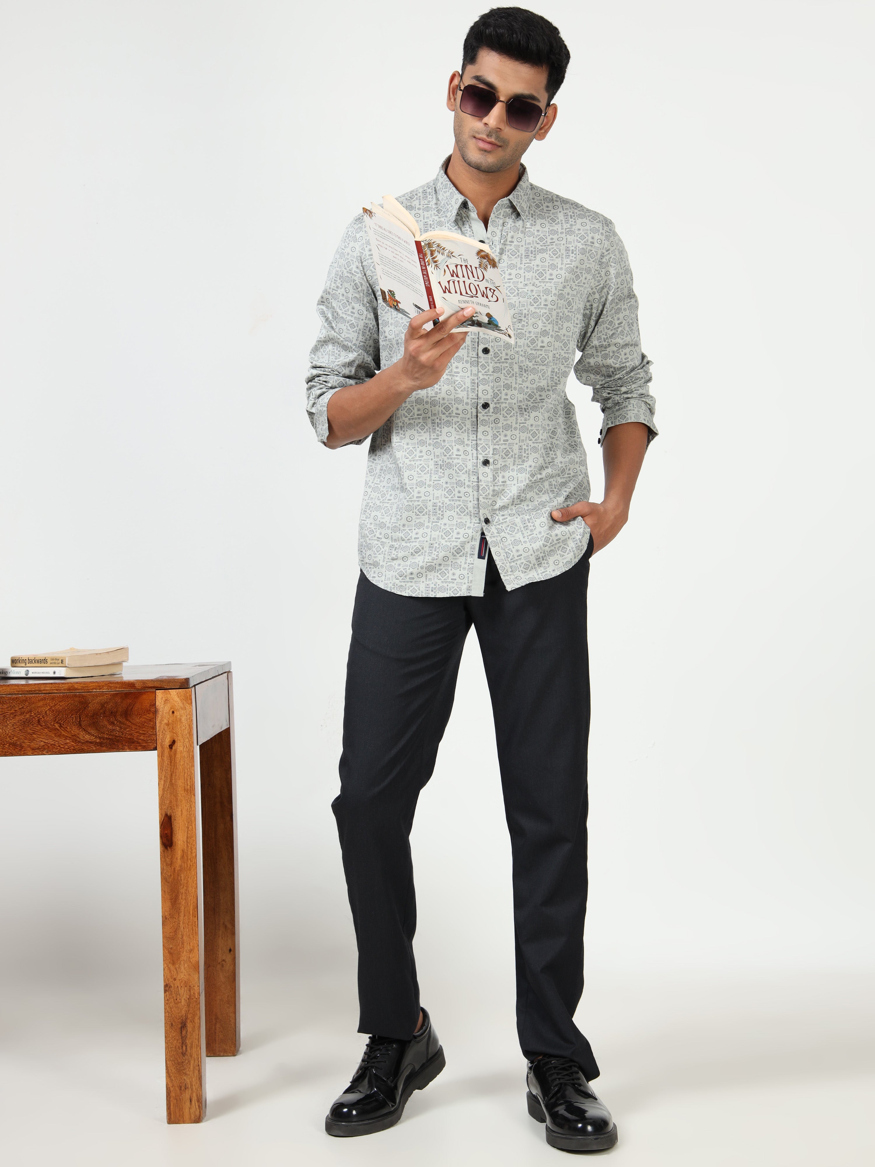 MEN'S GREY PRINT SLIM FIT SHIRT