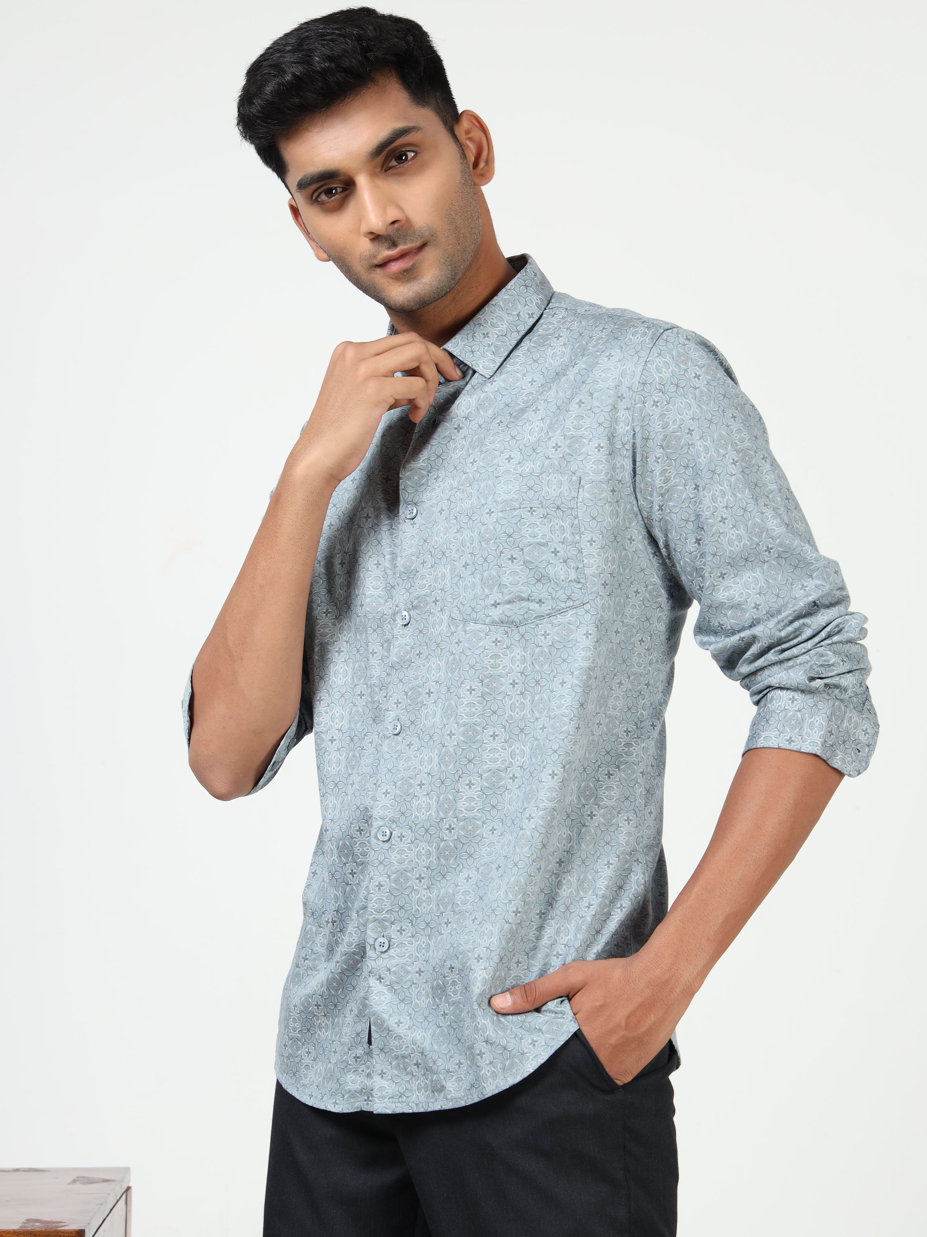 MEN'S LT.BLUE PRINT SLIM FIT SHIRT