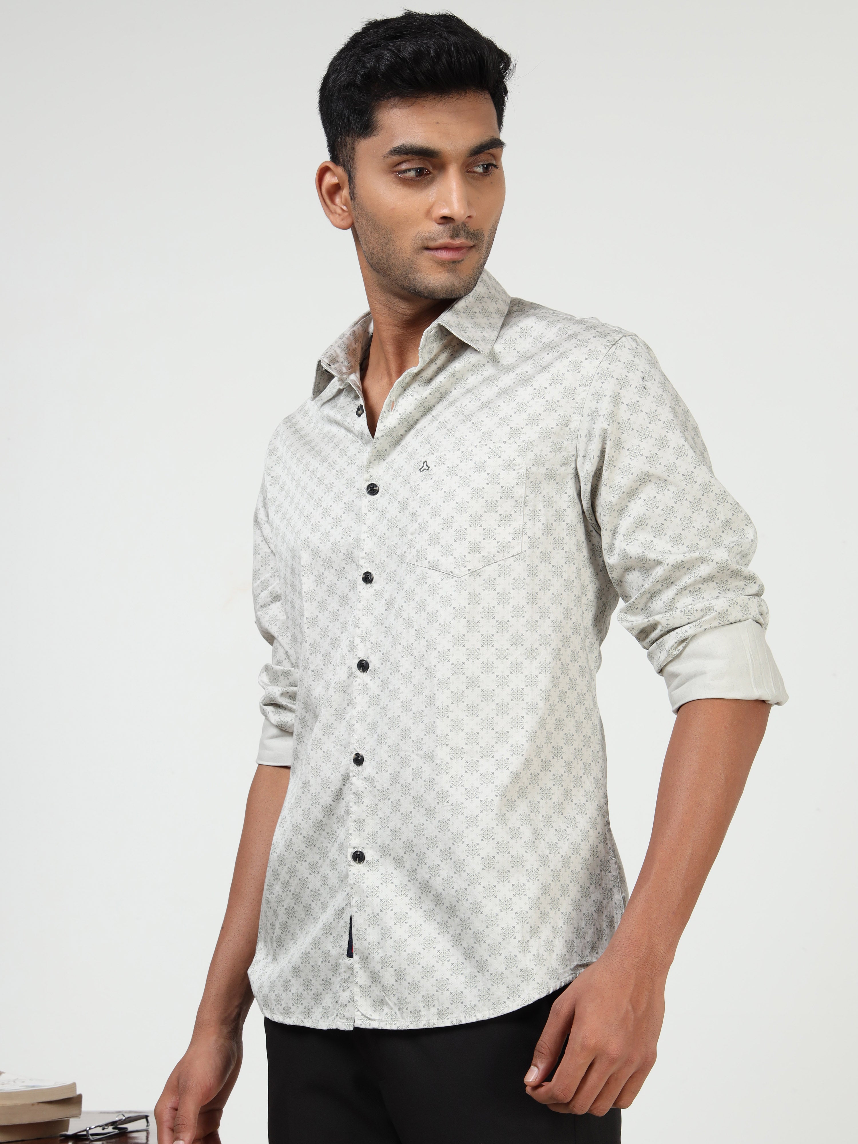 MEN'S LT.GREY PRINT SLIM FIT SHIRT