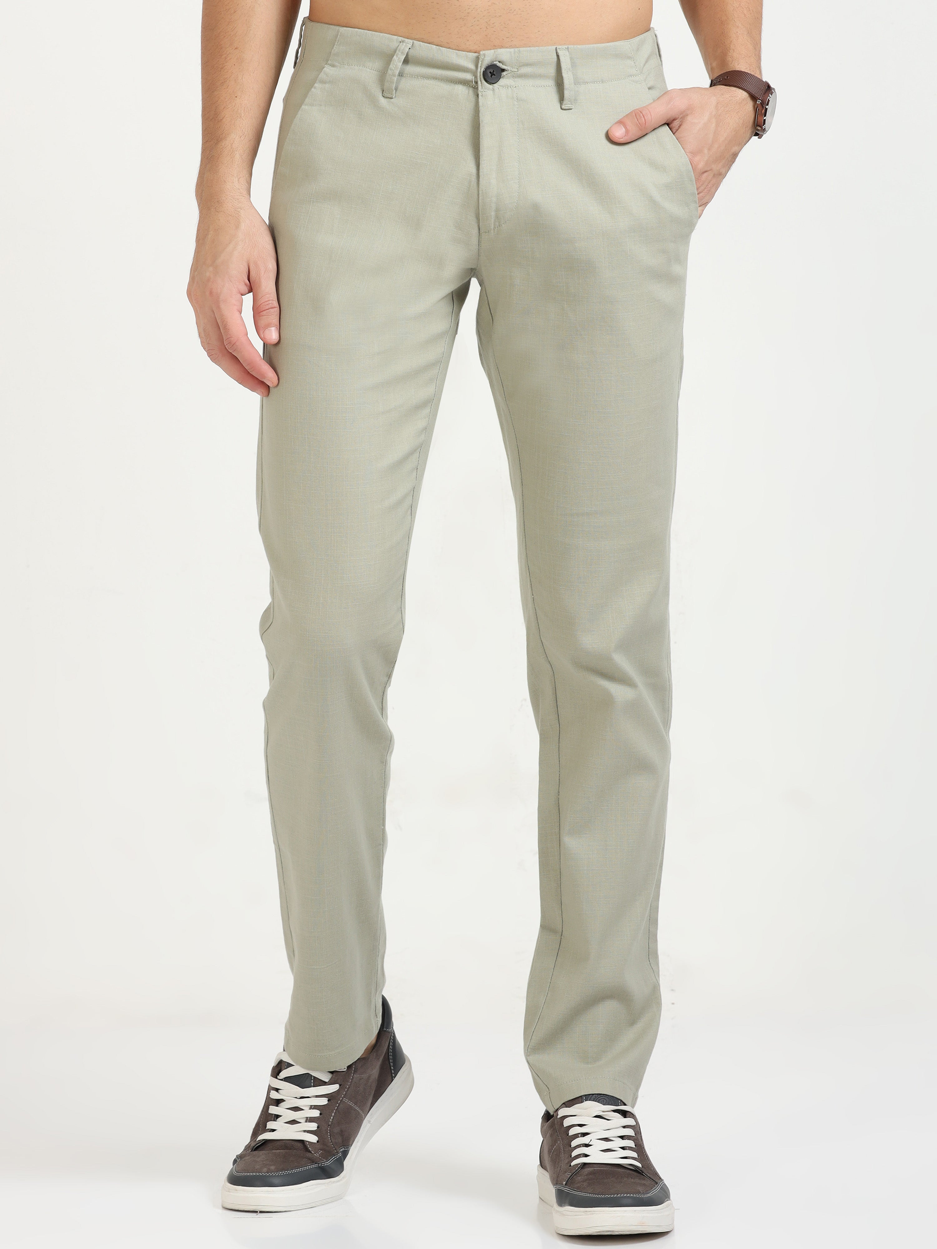 MEN'S STEEL OLIVE SOLID SLIM FIT TROUSER