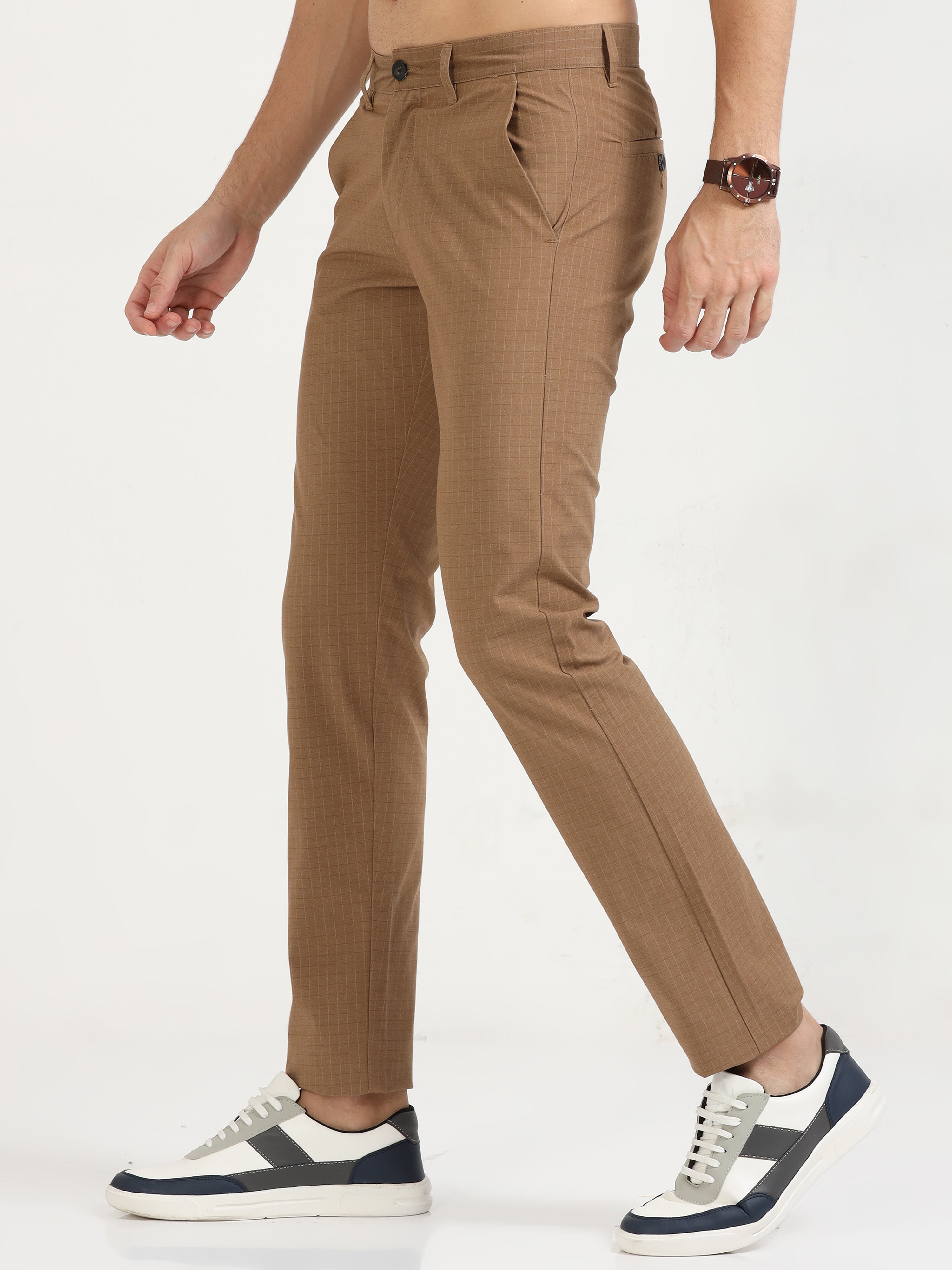 MEN'S KHAKI CHECKED SLIM FIT TROUSER