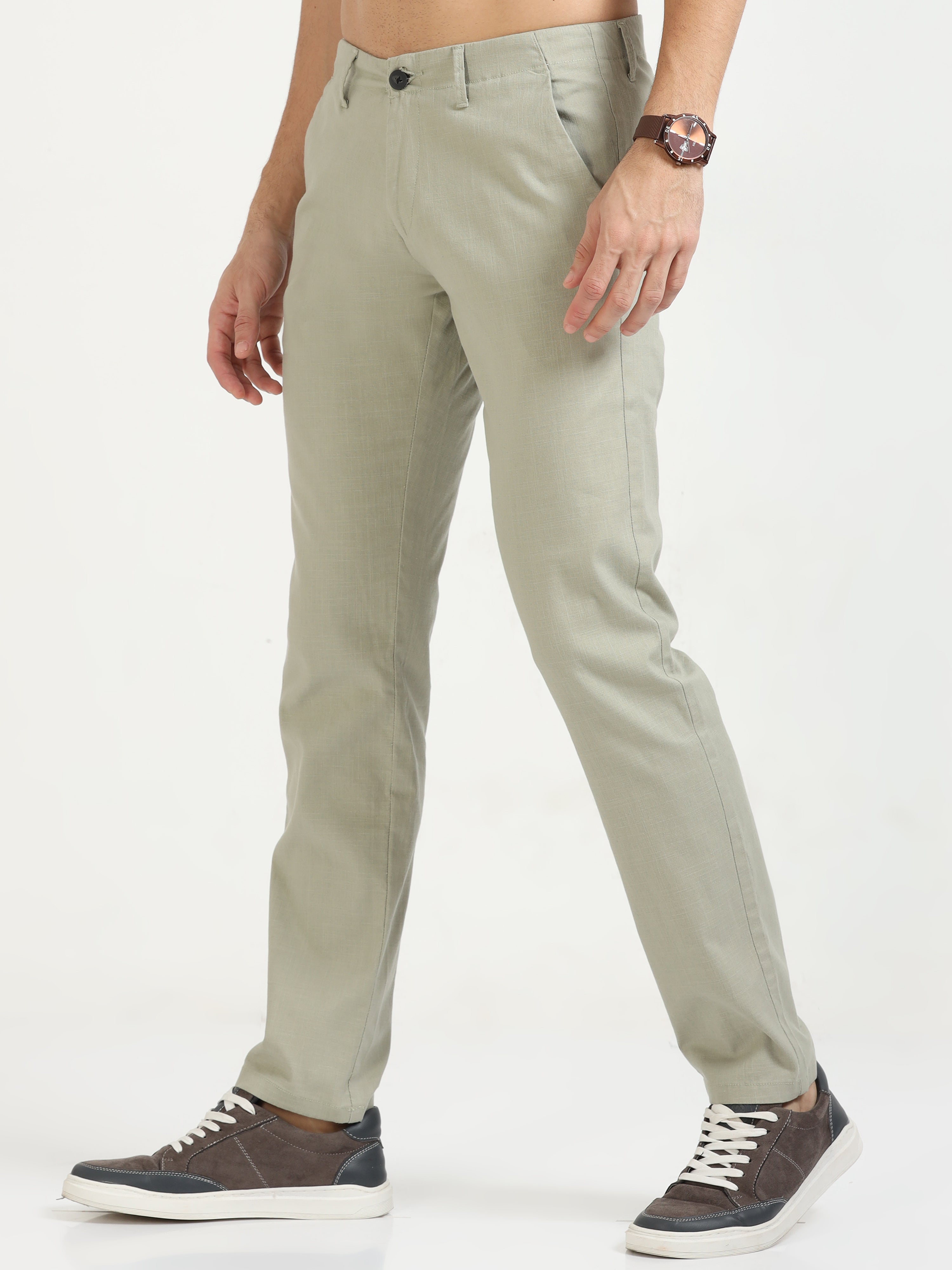 MEN'S STEEL OLIVE SOLID SLIM FIT TROUSER