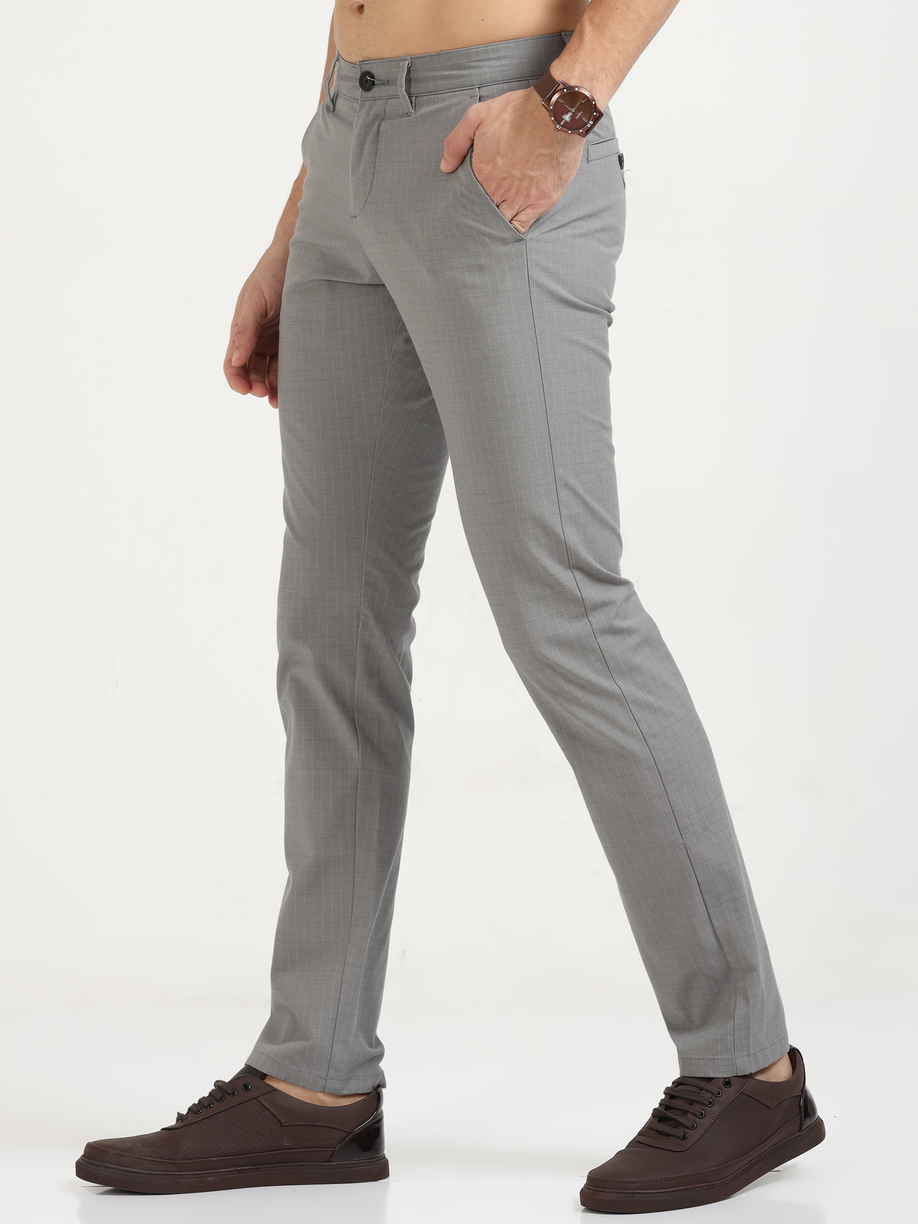 MEN'S GREY CHECKED SLIM FIT TROUSER