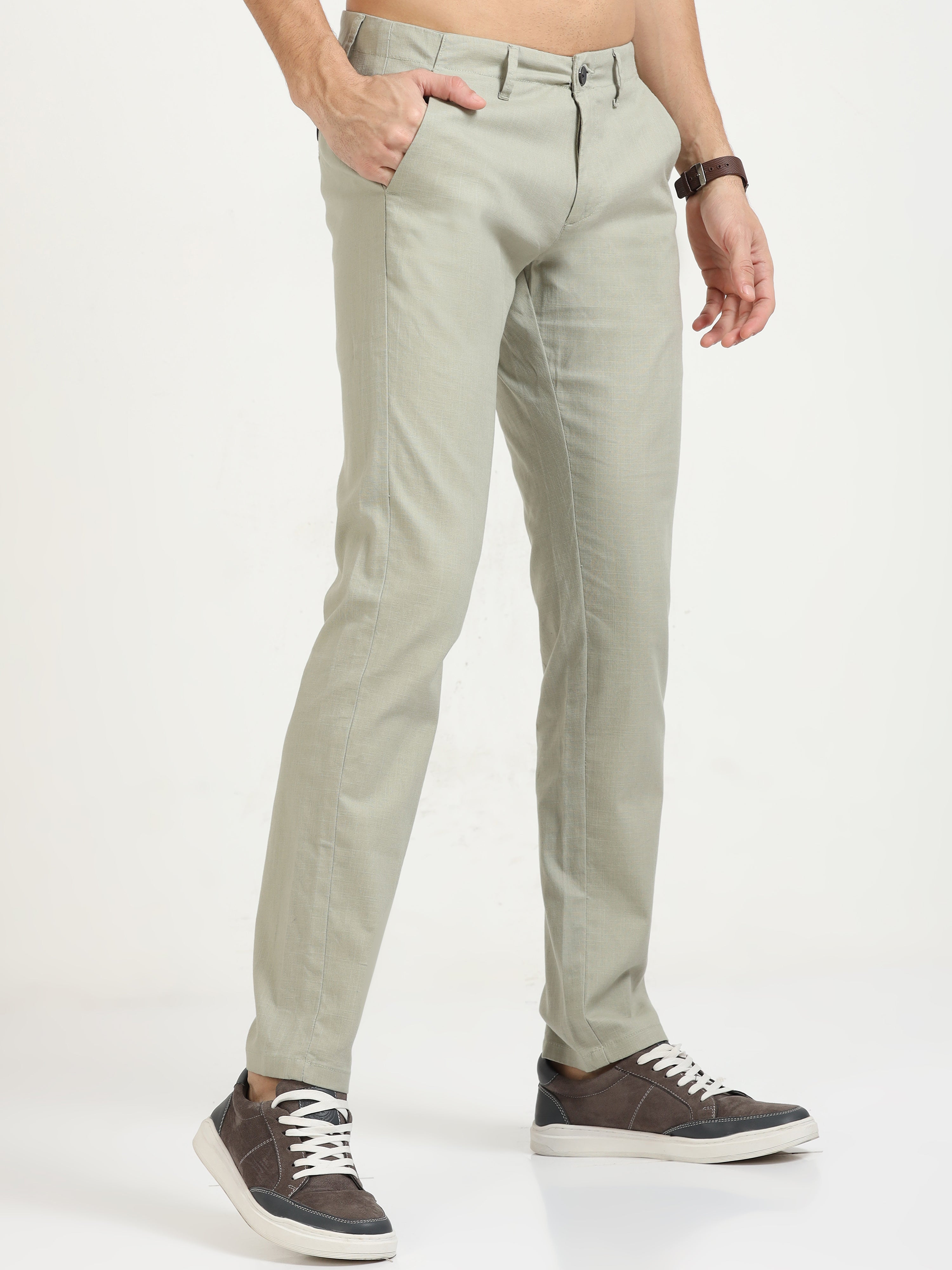 MEN'S STEEL OLIVE SOLID SLIM FIT TROUSER