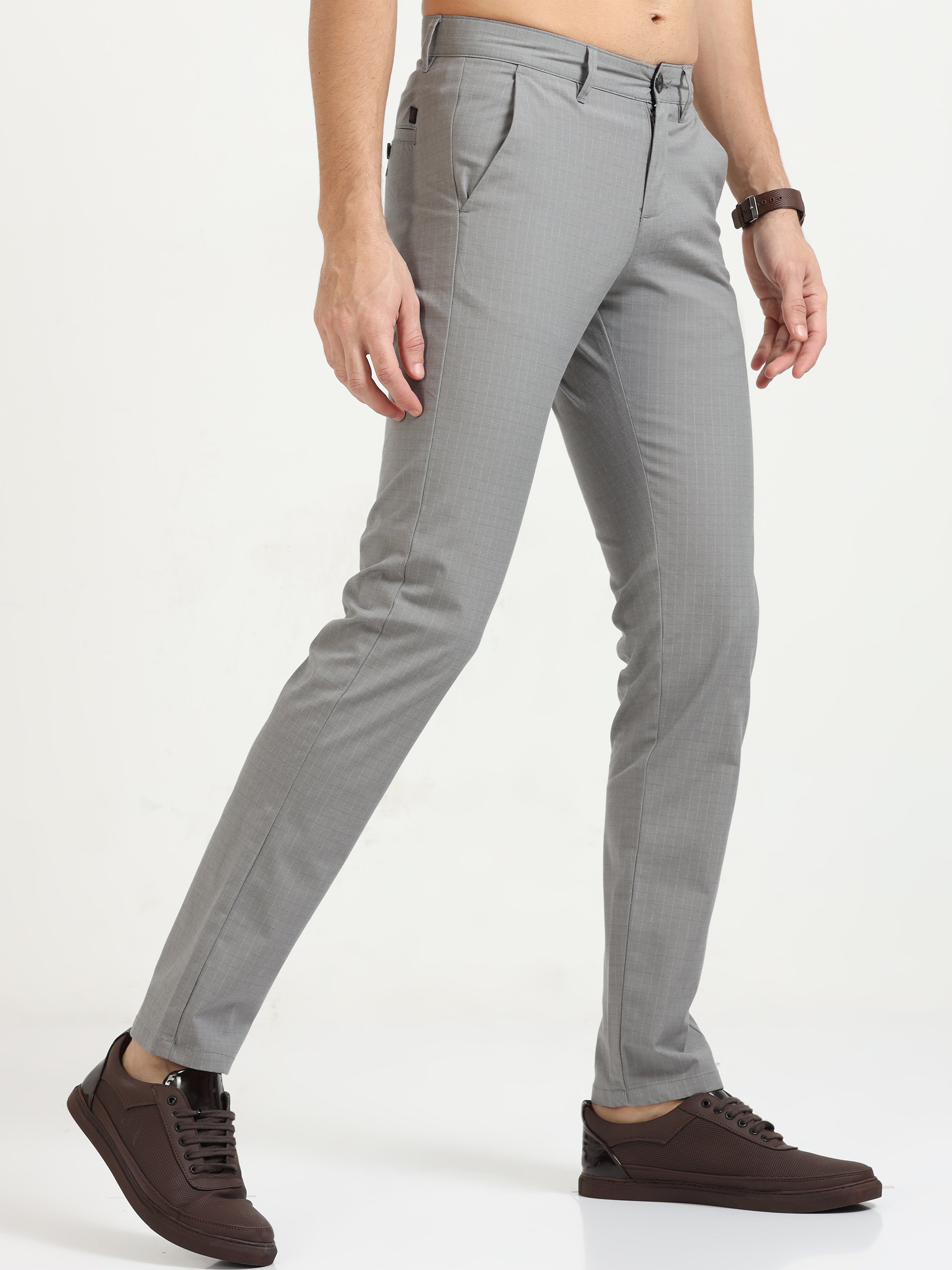 MEN'S GREY CHECKED SLIM FIT TROUSER