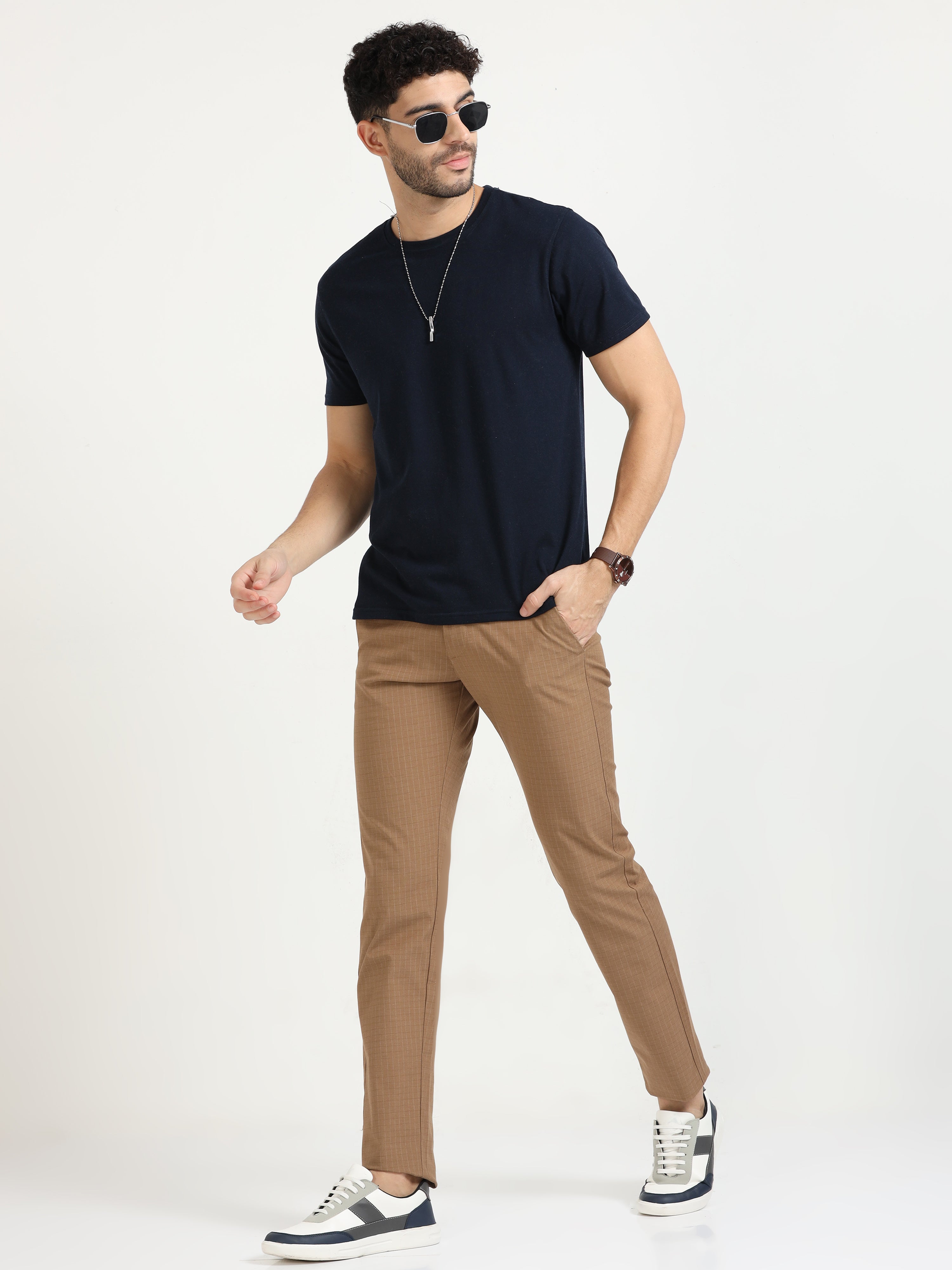 MEN'S KHAKI CHECKED SLIM FIT TROUSER