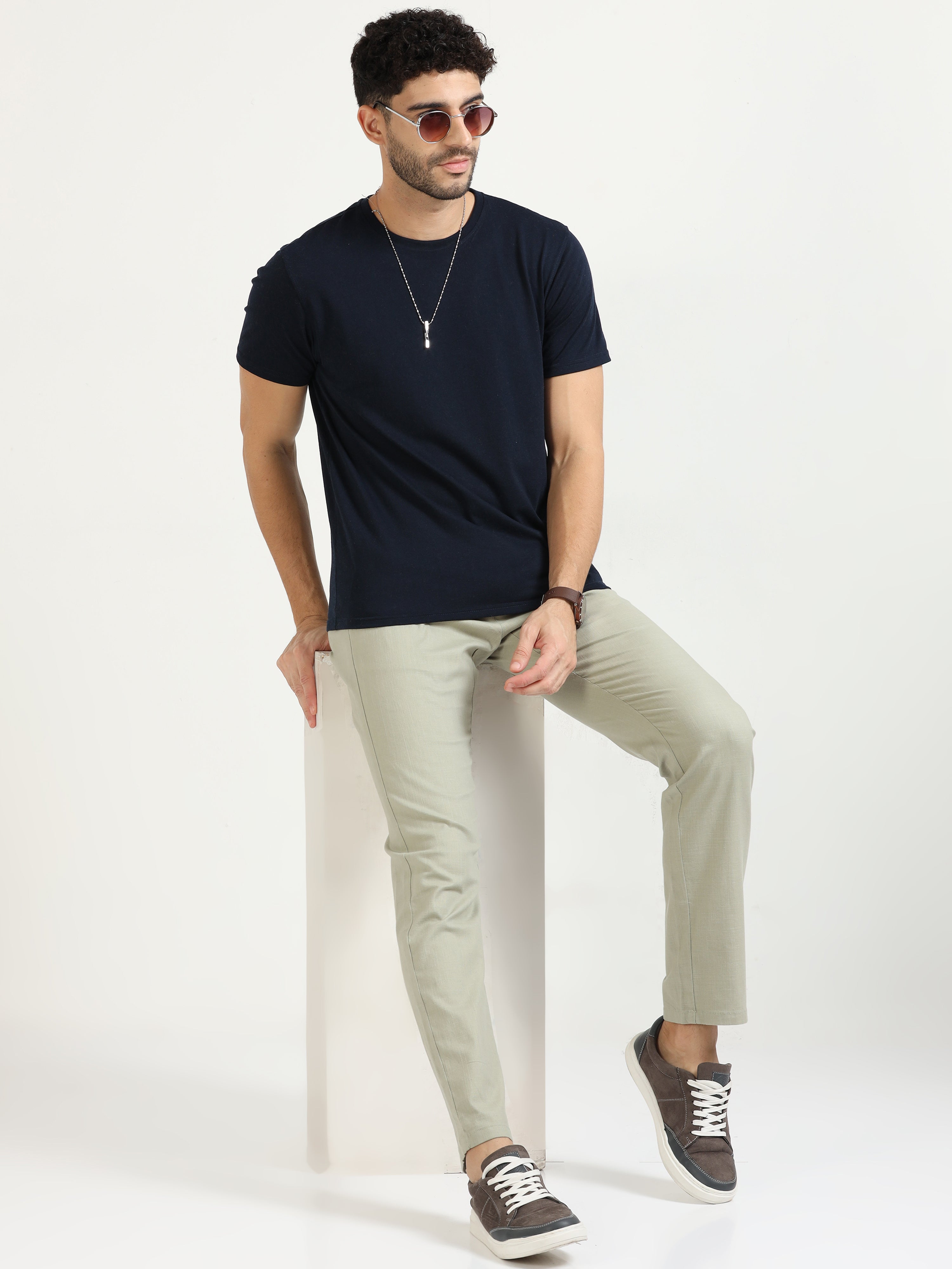 MEN'S STEEL OLIVE SOLID SLIM FIT TROUSER