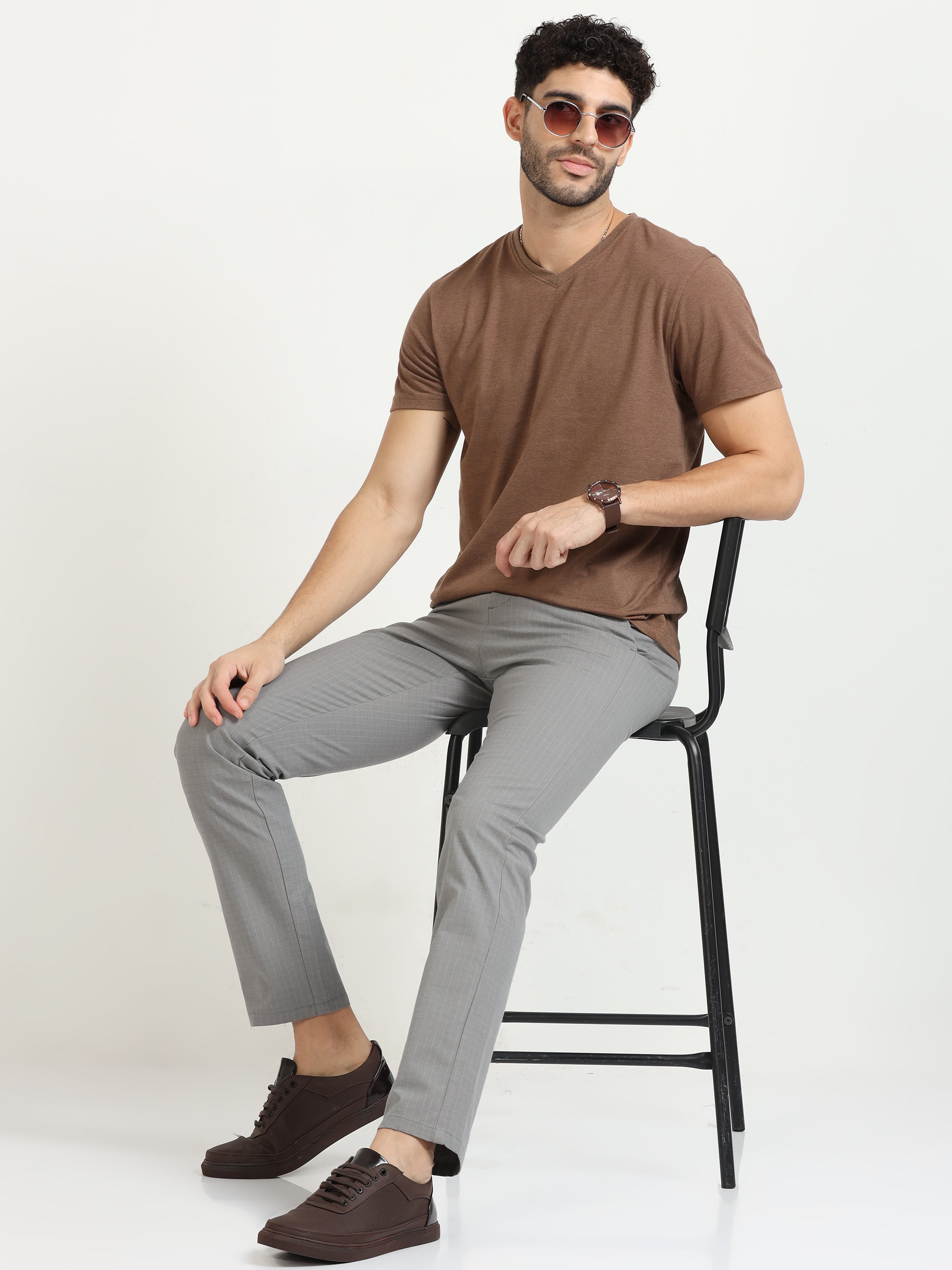 MEN'S GREY CHECKED SLIM FIT TROUSER