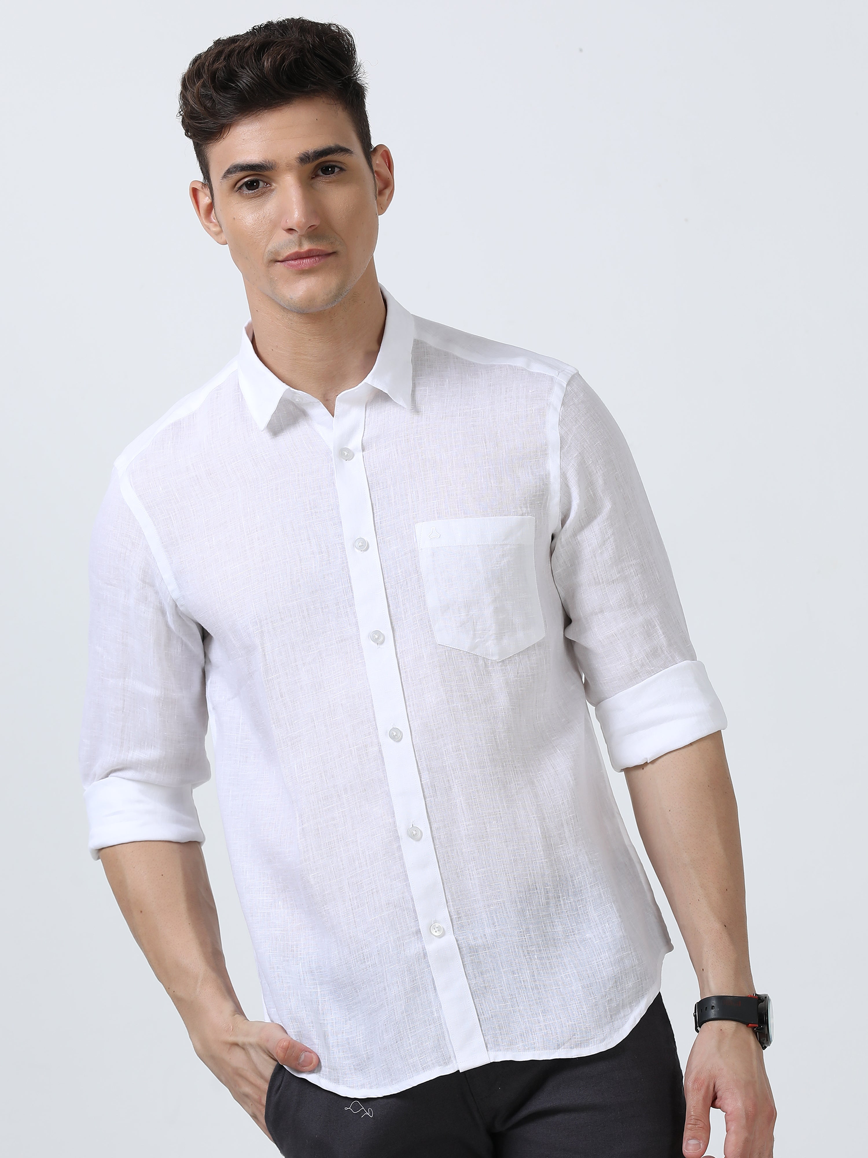 MEN'S LINEN WHITE SOLID SLIM FIT SHIRT