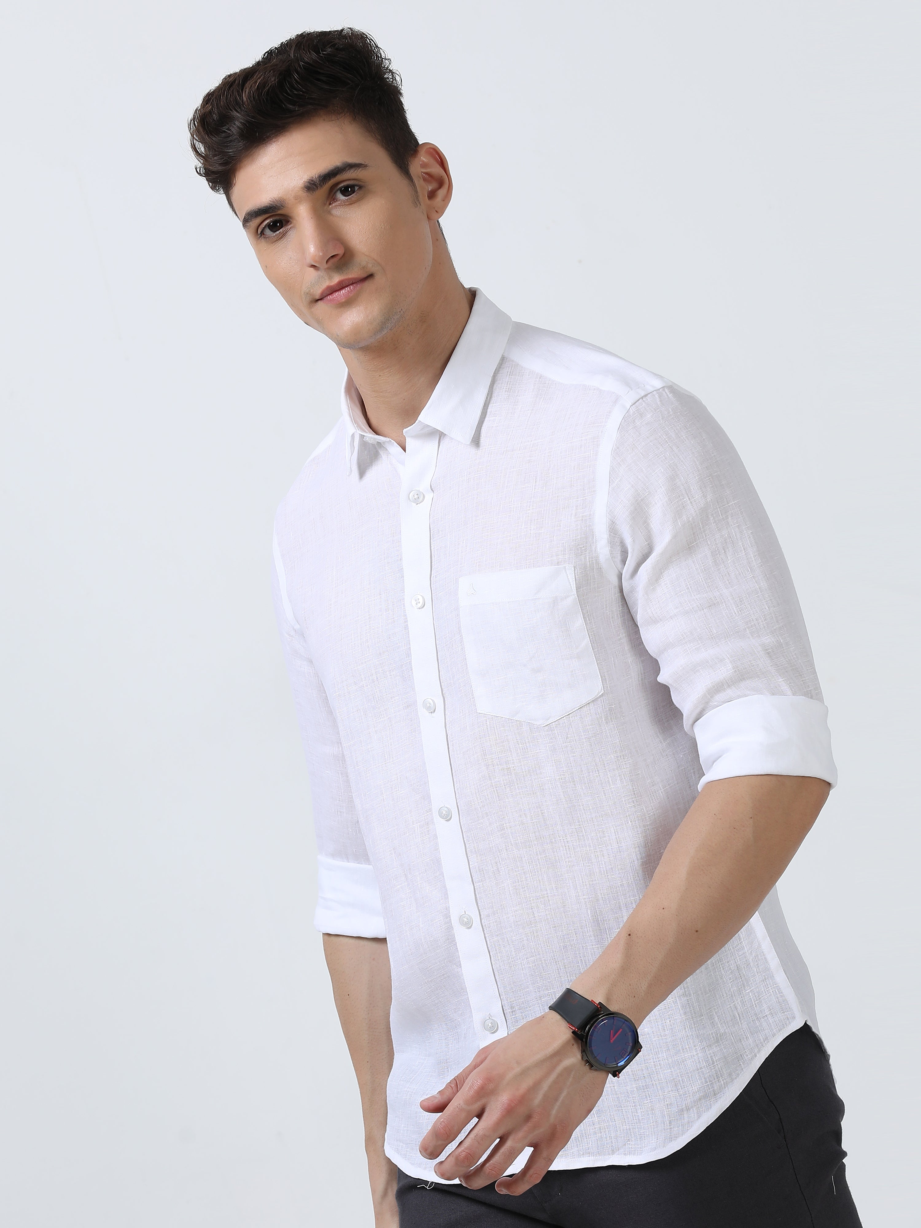 MEN'S LINEN WHITE SOLID SLIM FIT SHIRT