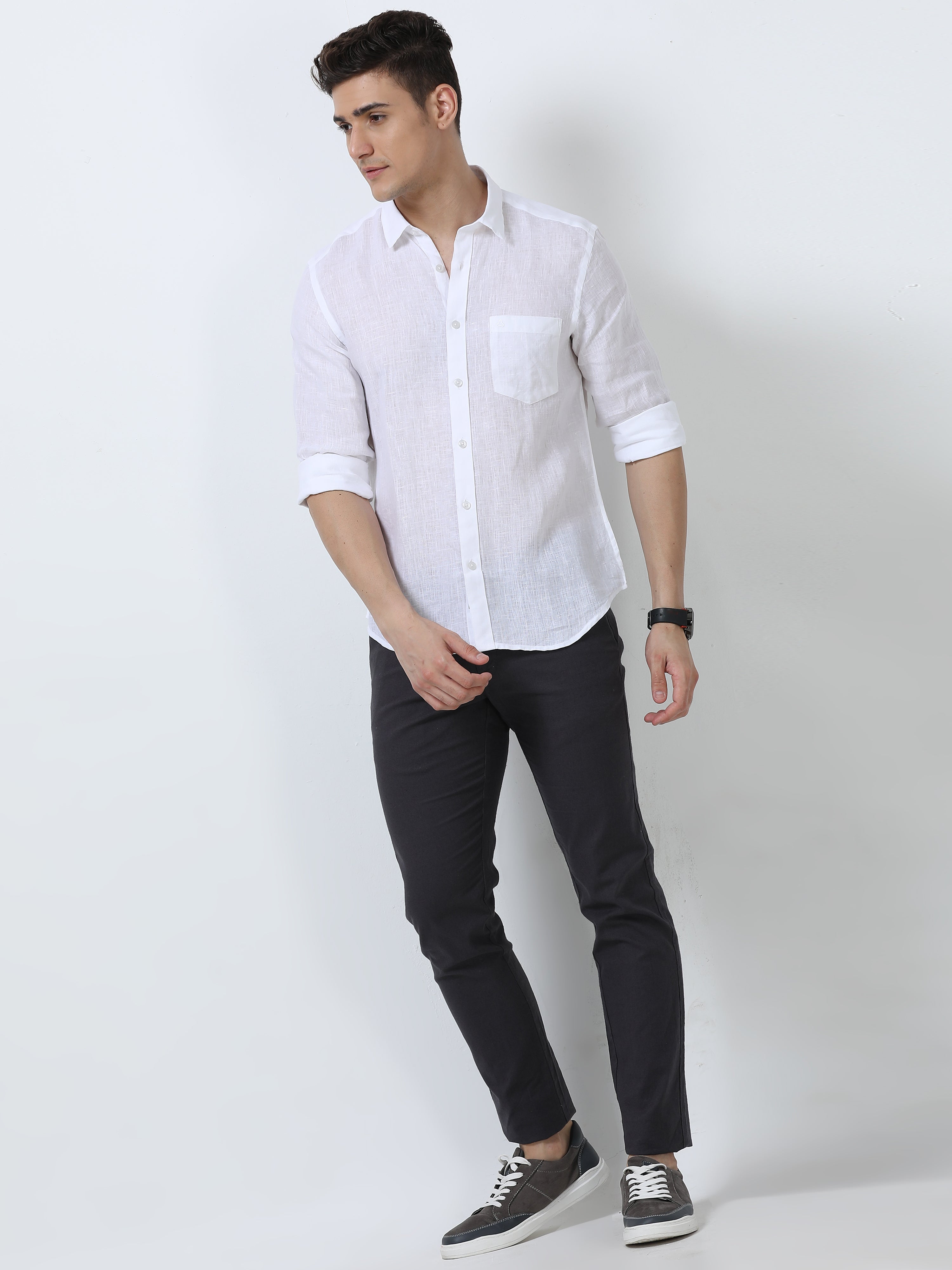 MEN'S LINEN WHITE SOLID SLIM FIT SHIRT