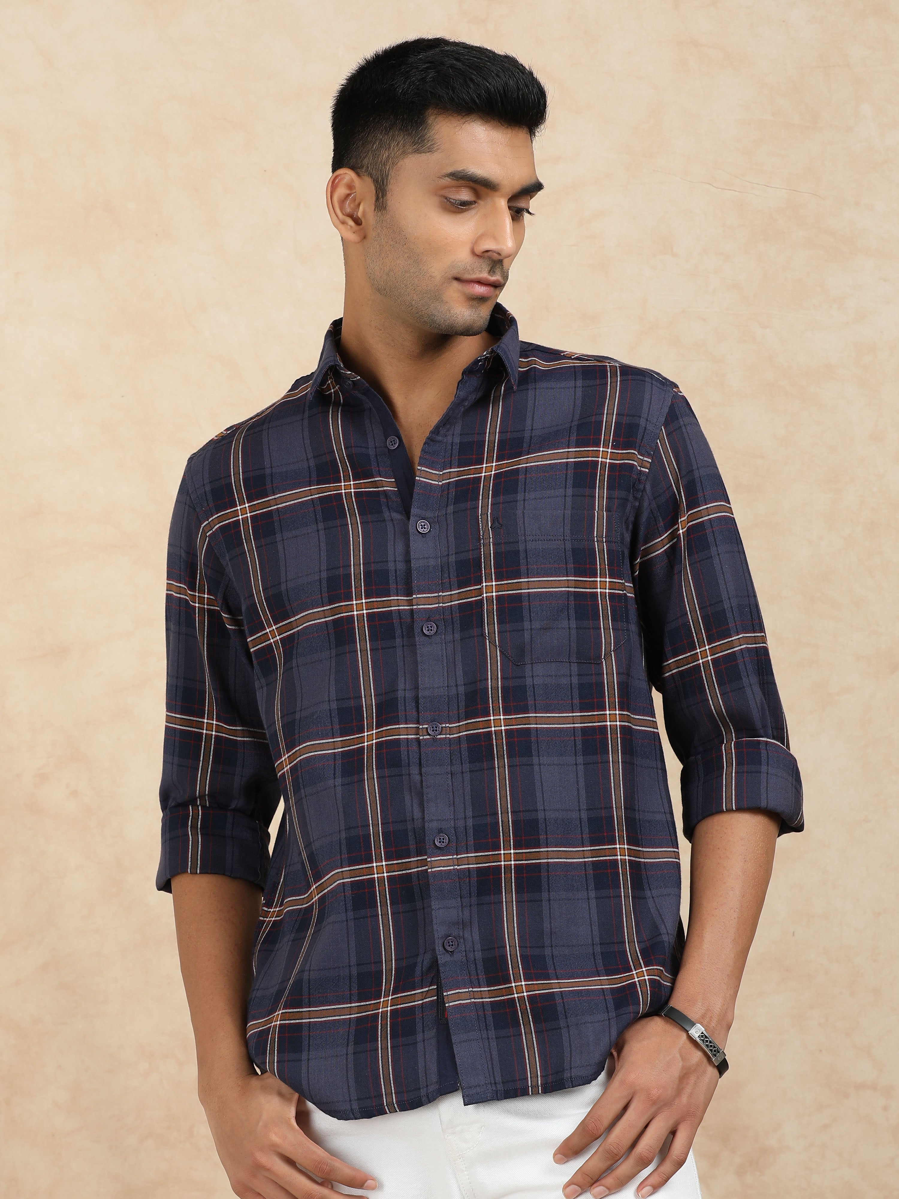 MEN'S NAVY CHECKS SLIM FIT SHIRT
