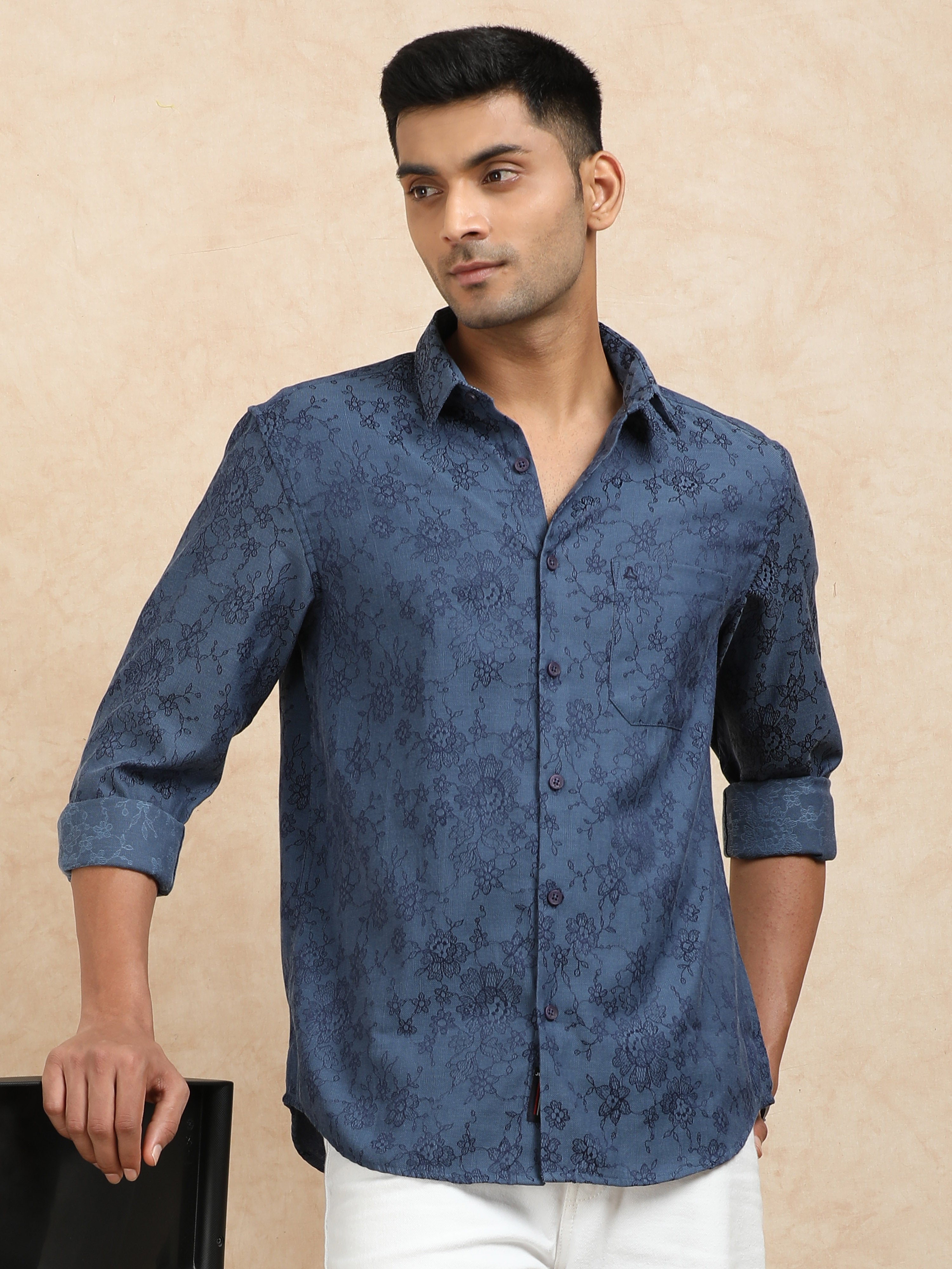 MEN'S BLUE SELF DESIGN SLIM FIT SHIRT