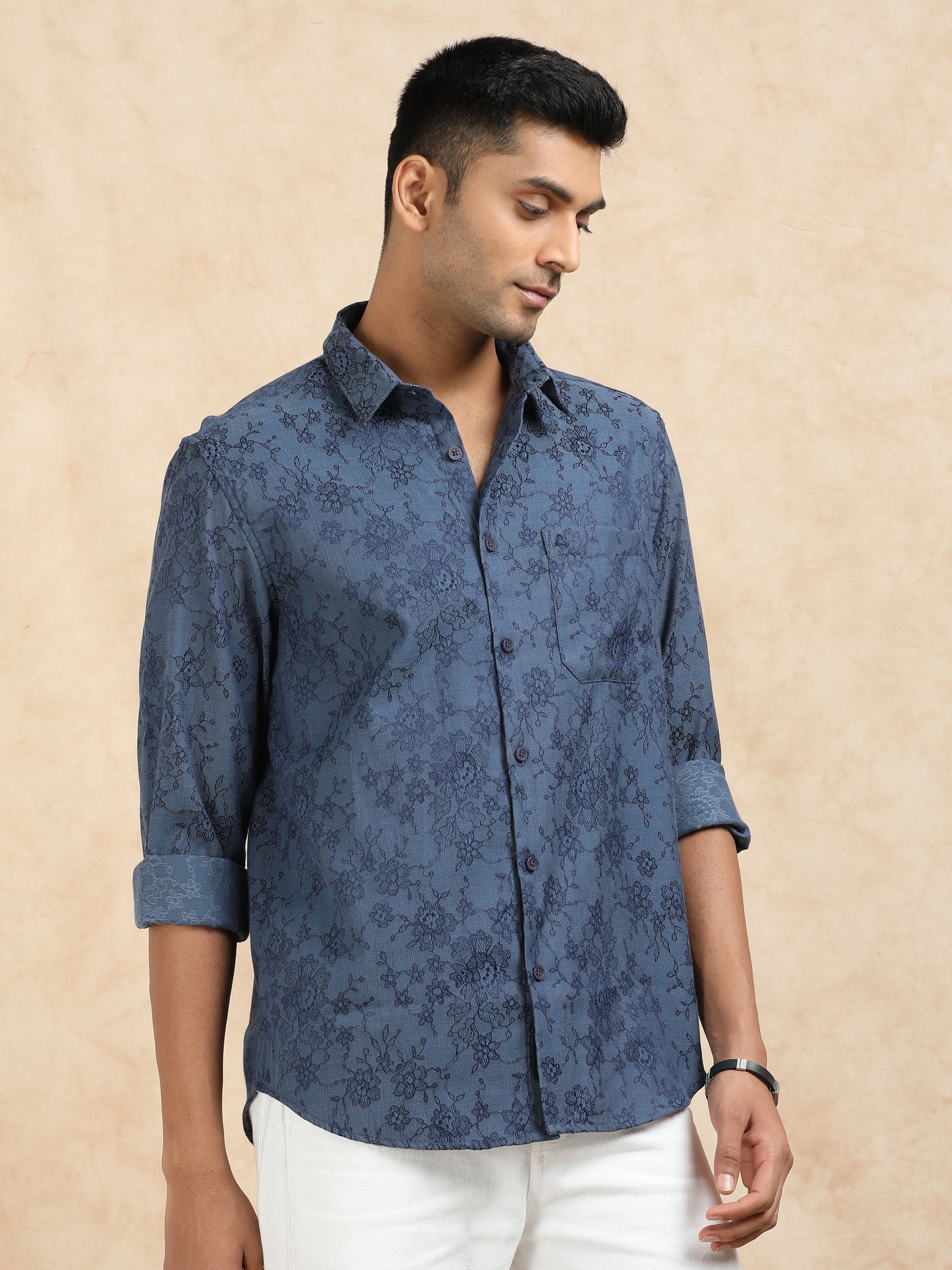 MEN'S BLUE SELF DESIGN SLIM FIT SHIRT