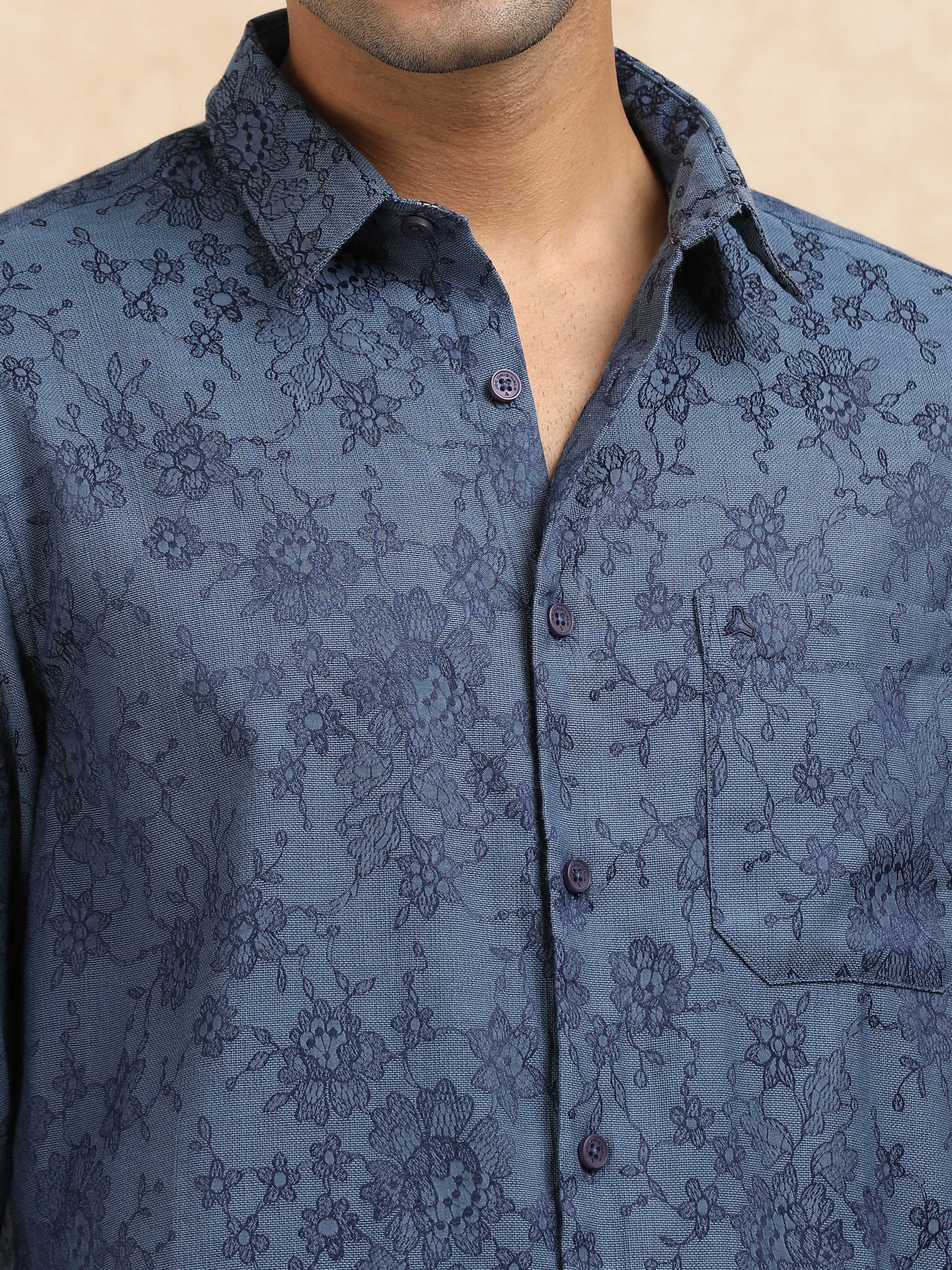 MEN'S BLUE SELF DESIGN SLIM FIT SHIRT