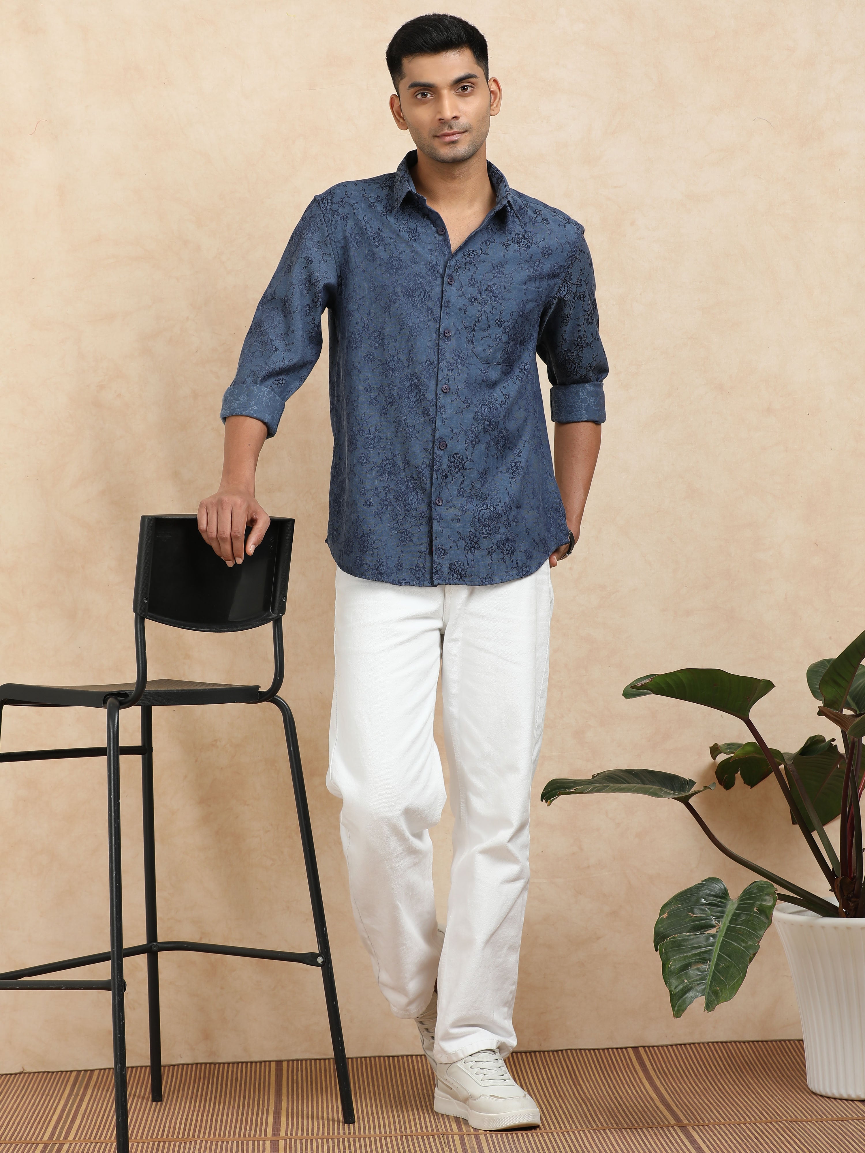 MEN'S BLUE SELF DESIGN SLIM FIT SHIRT