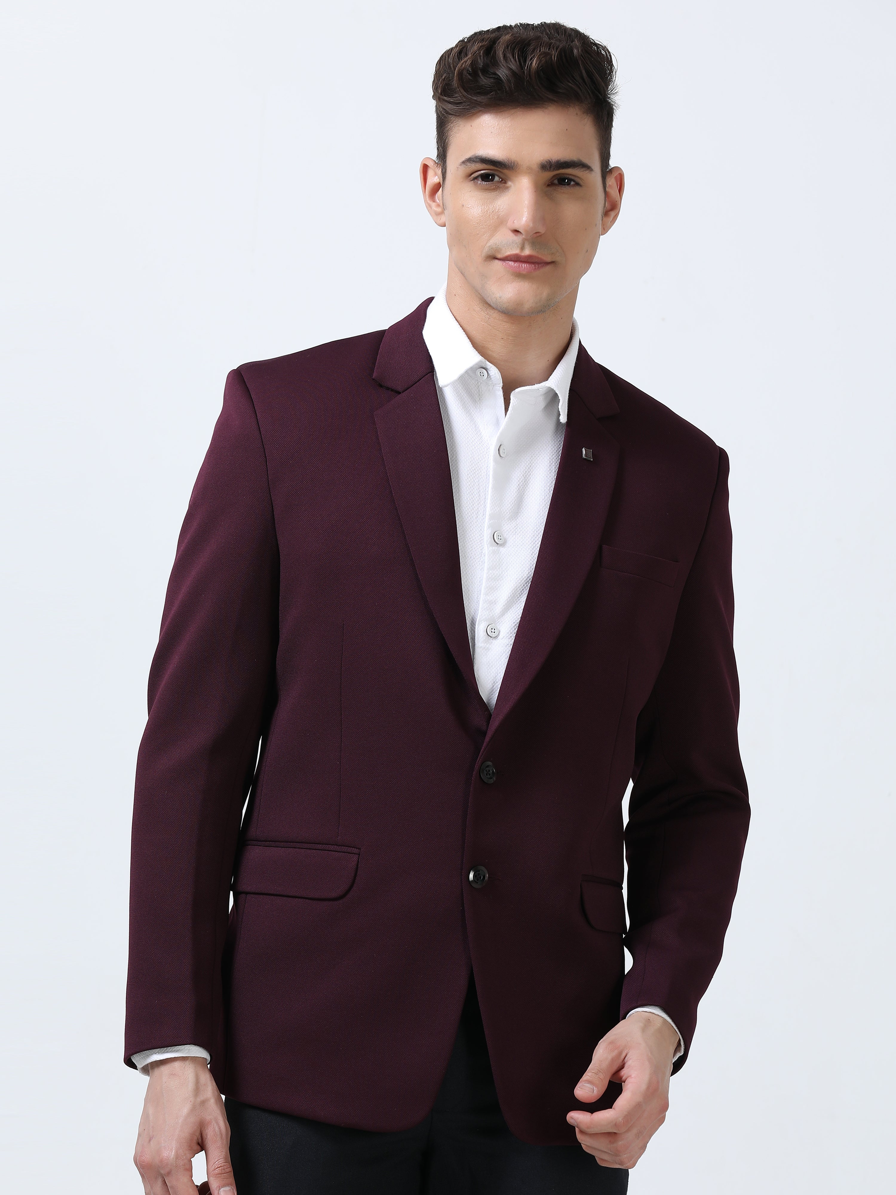 MEN'S BURGUNDY SOLID SLIM FIT BLAZER