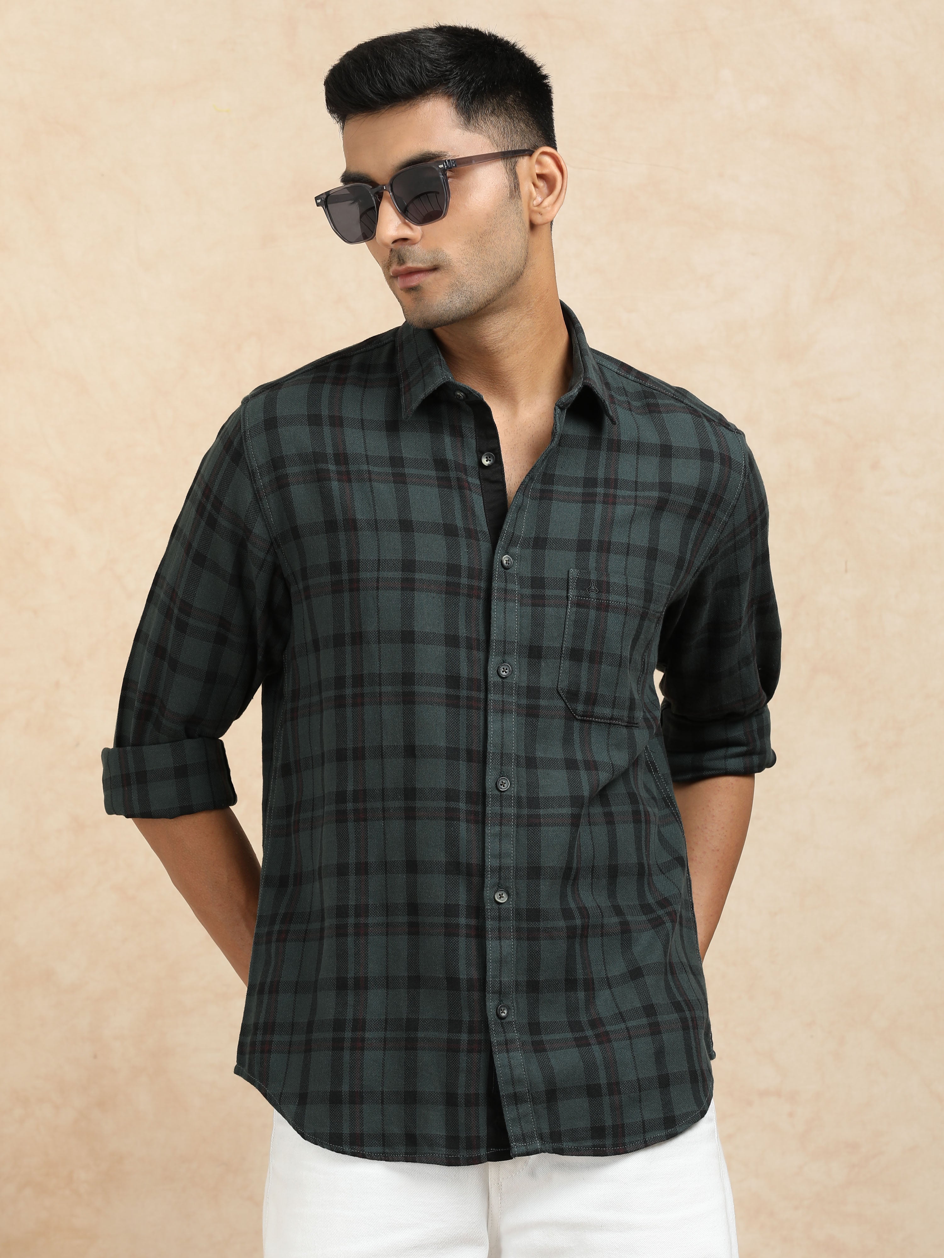 MEN'S DK.GREEN CHECKS SLIM FIT SHIRT