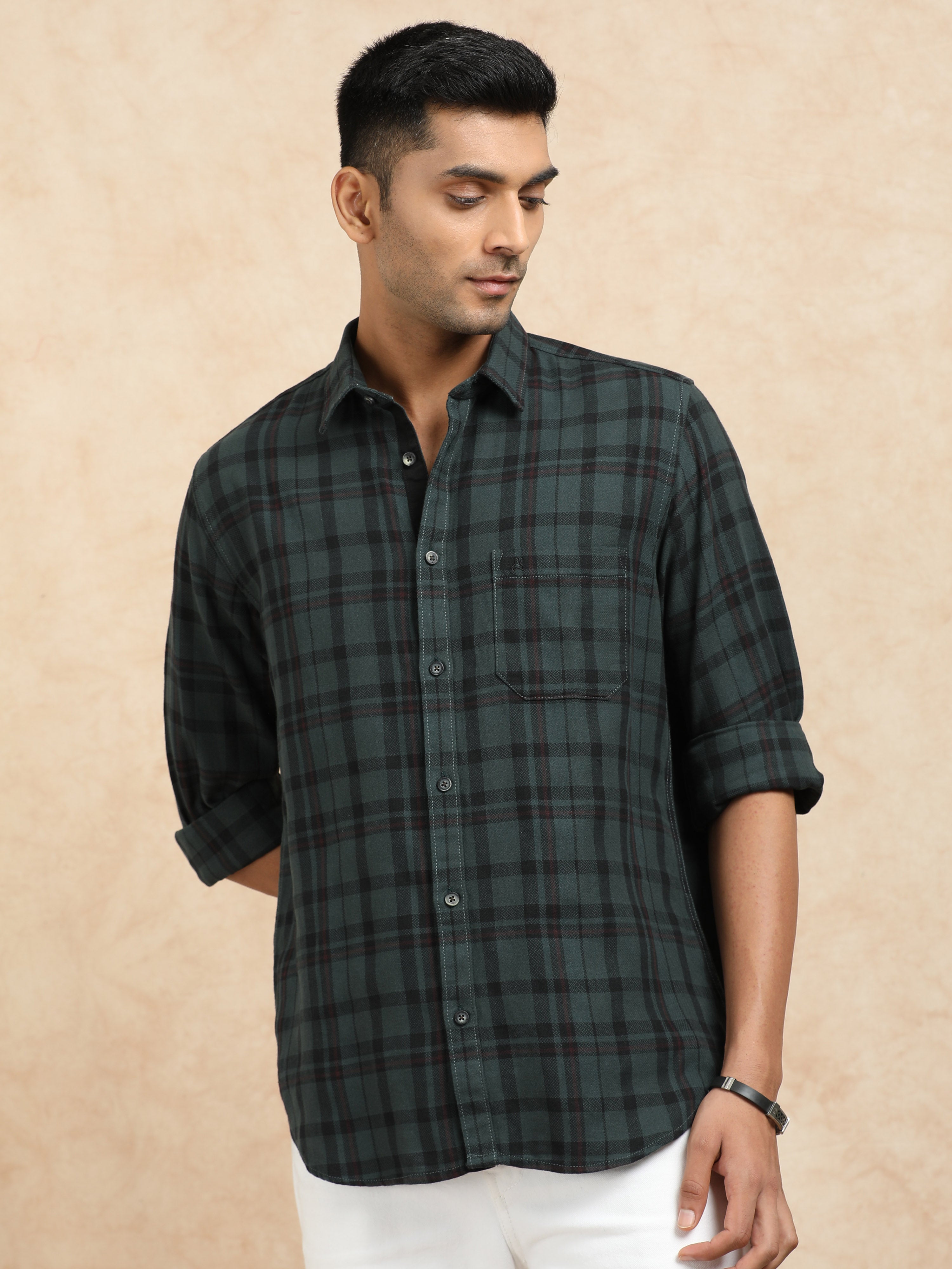 MEN'S DK.GREEN CHECKS SLIM FIT SHIRT