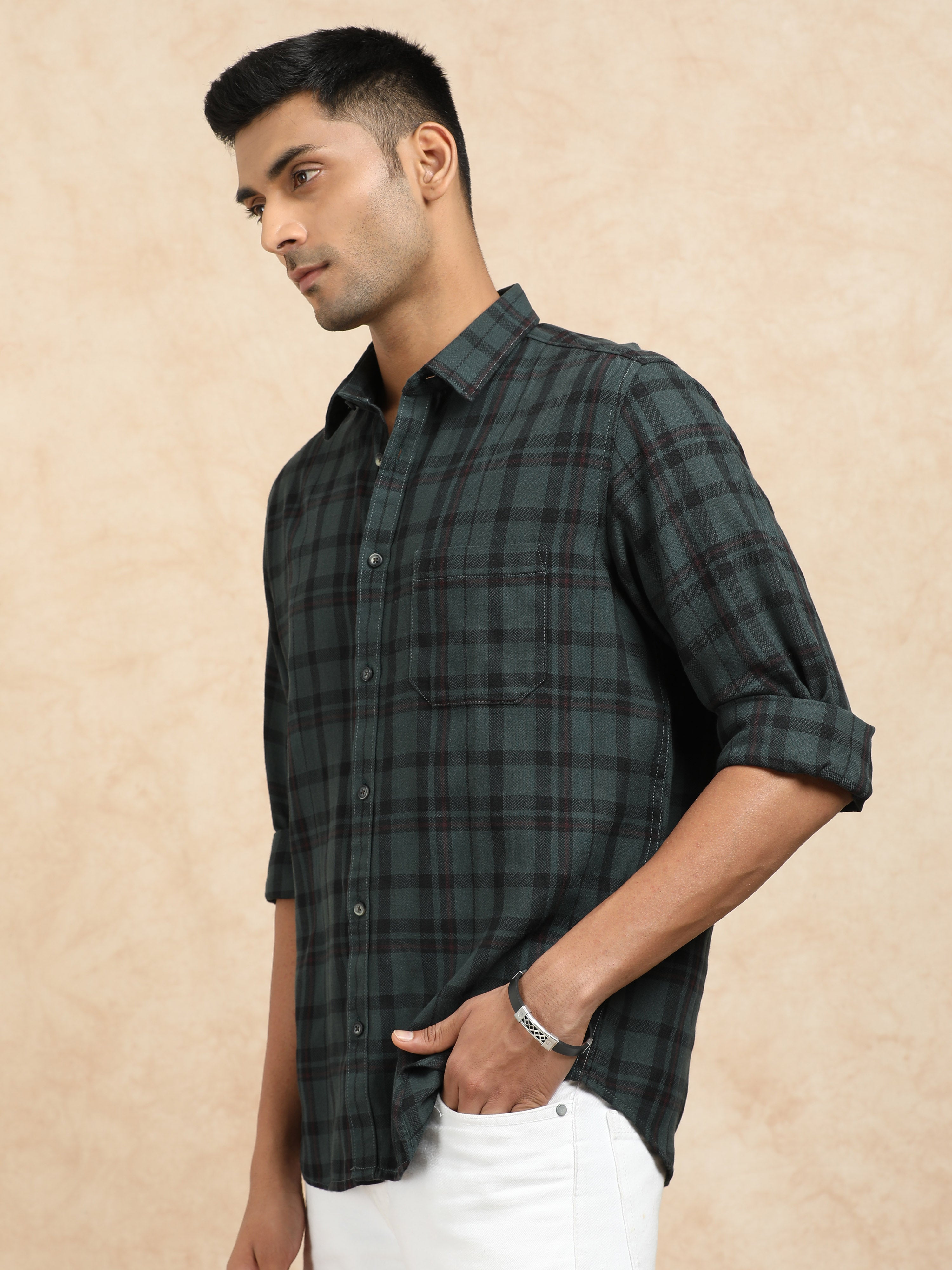 MEN'S DK.GREEN CHECKS SLIM FIT SHIRT
