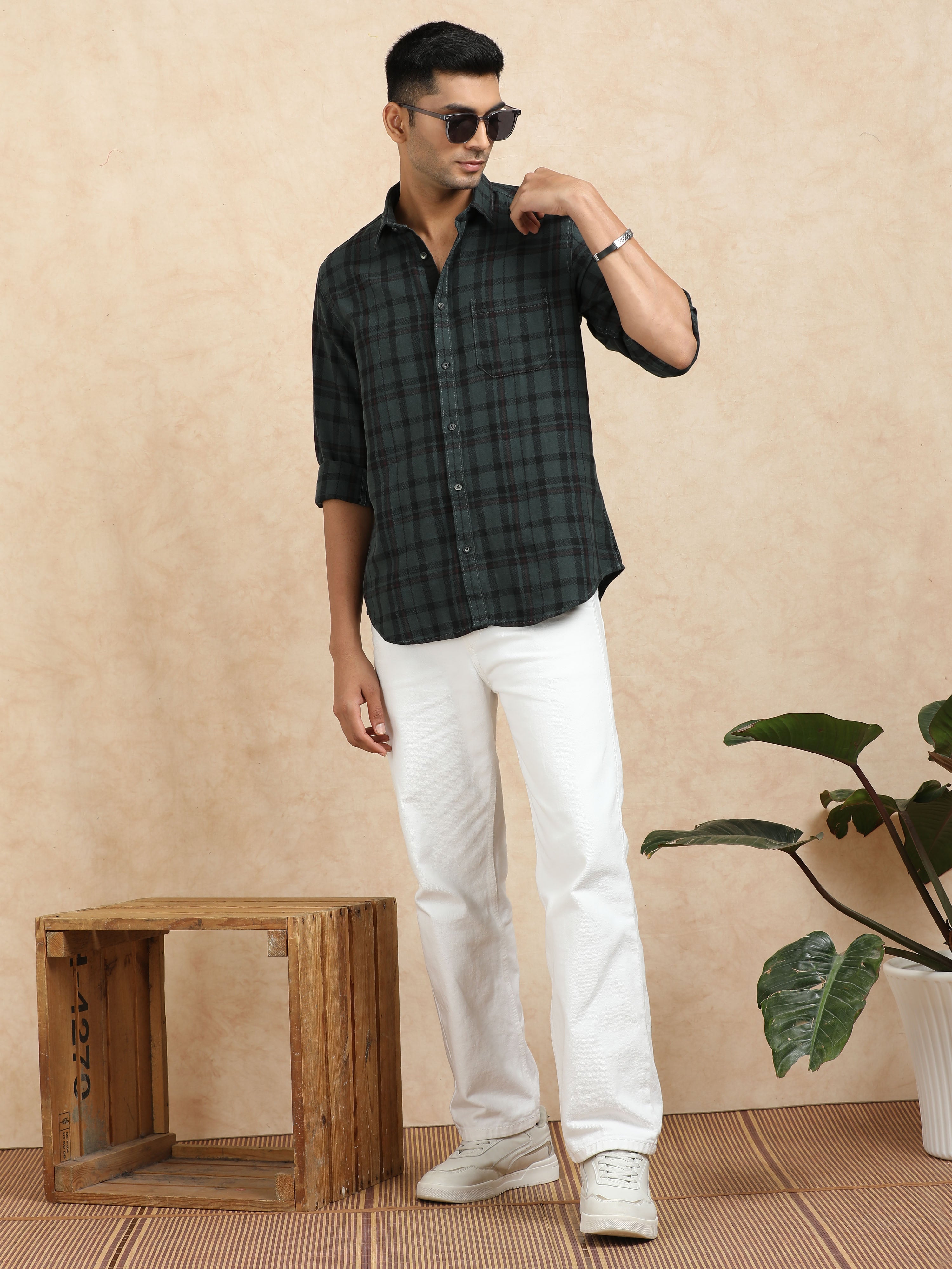 MEN'S DK.GREEN CHECKS SLIM FIT SHIRT