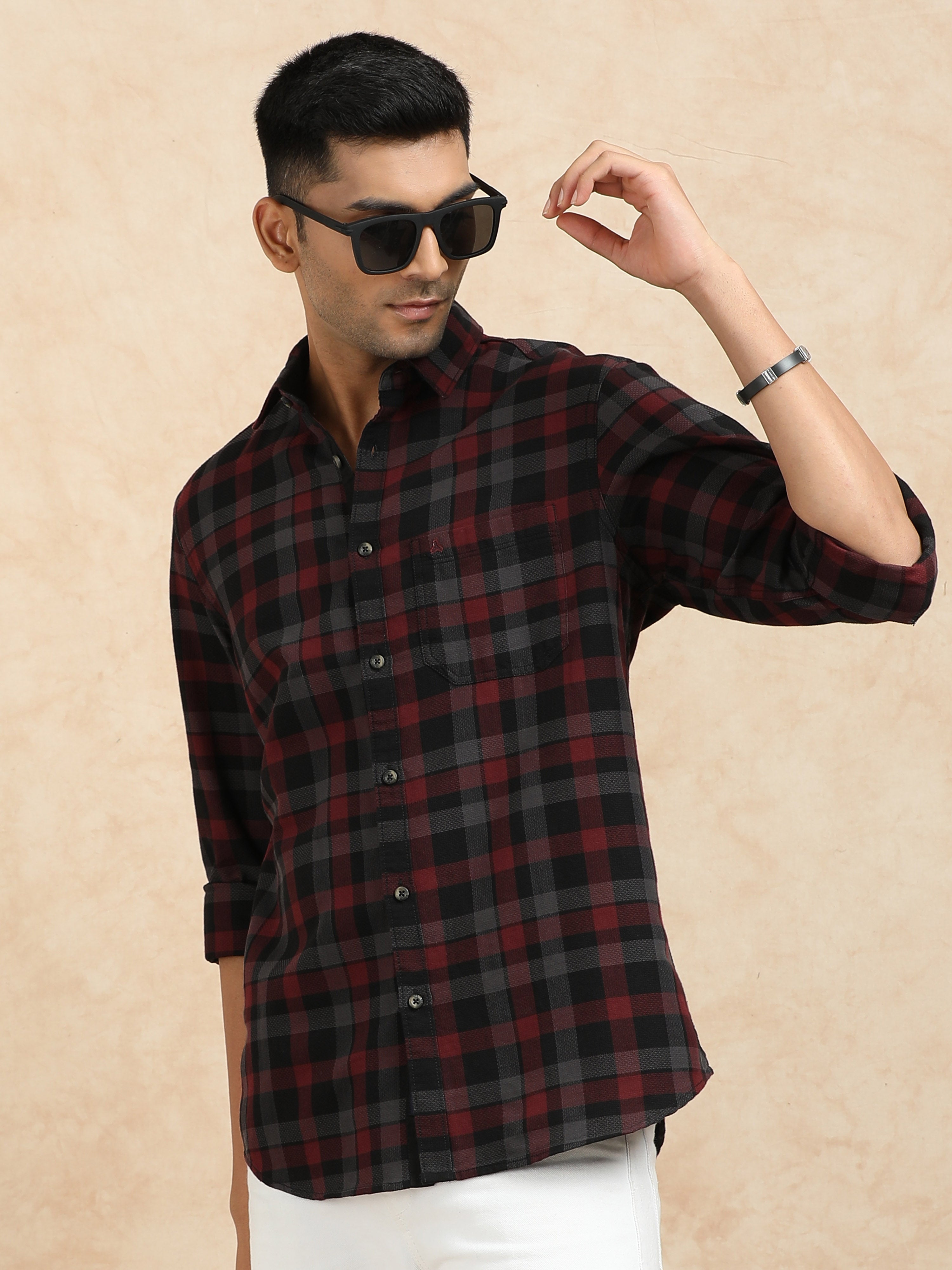 MEN'S MARRON CHECKS SLIM FIT SHIRT