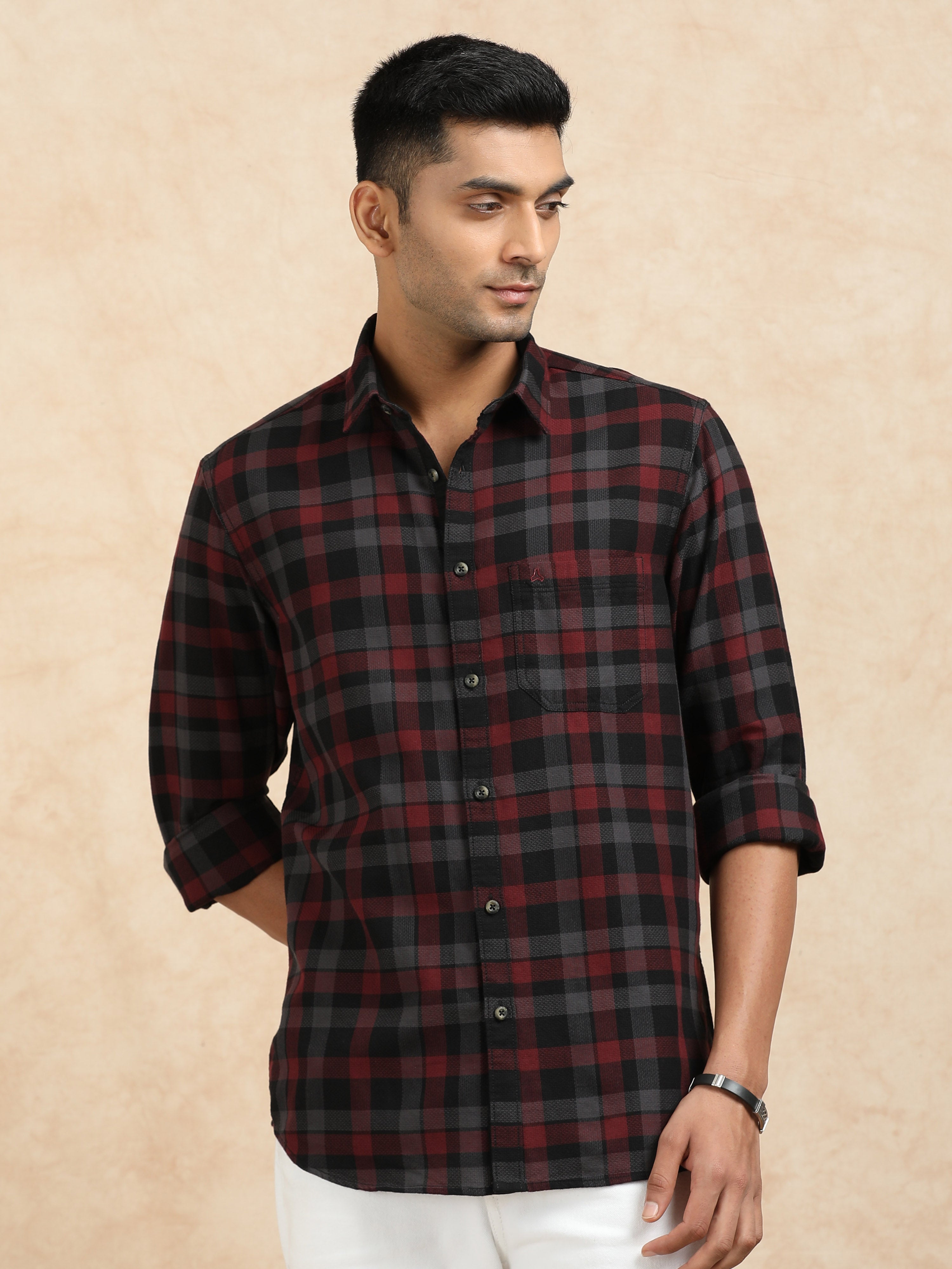 MEN'S MARRON CHECKS SLIM FIT SHIRT
