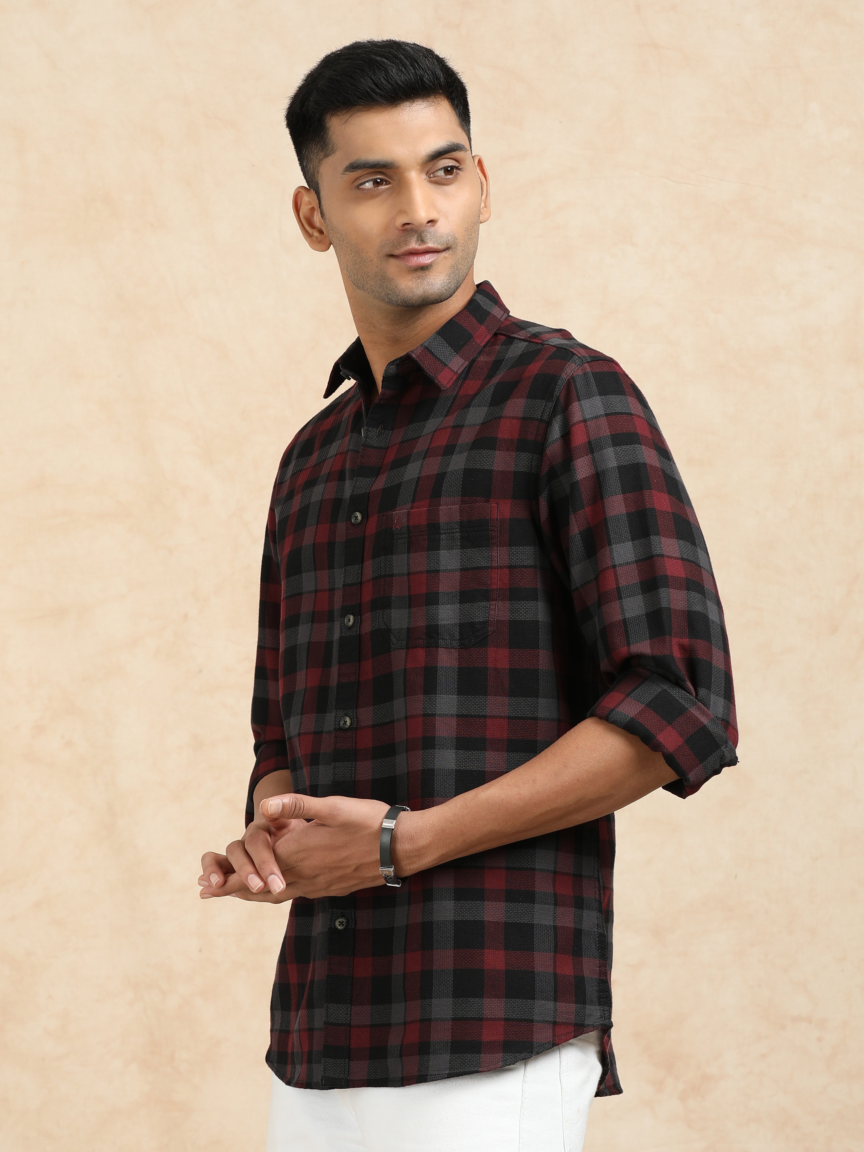 MEN'S MARRON CHECKS SLIM FIT SHIRT