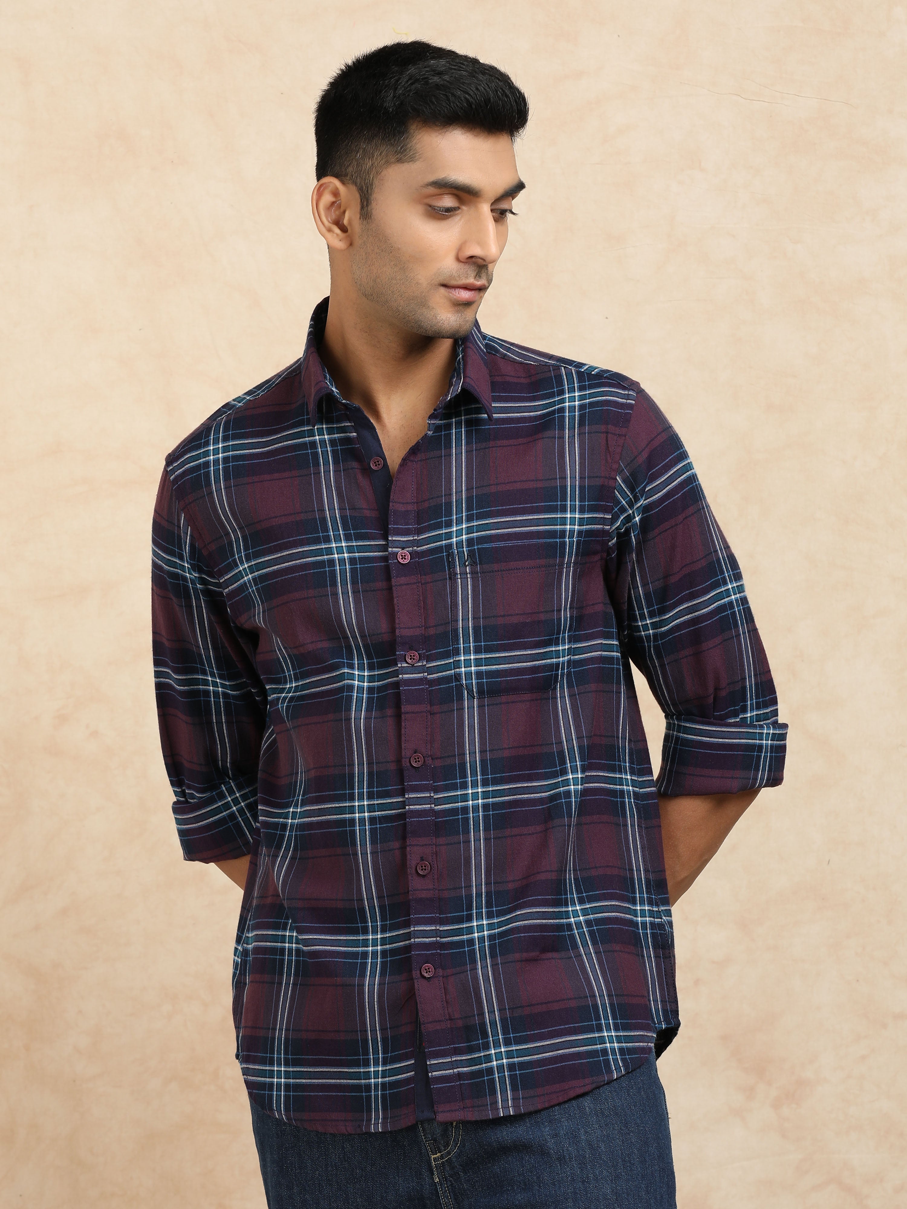 MEN'S BURGUNDY CHECKS SLIM FIT SHIRT