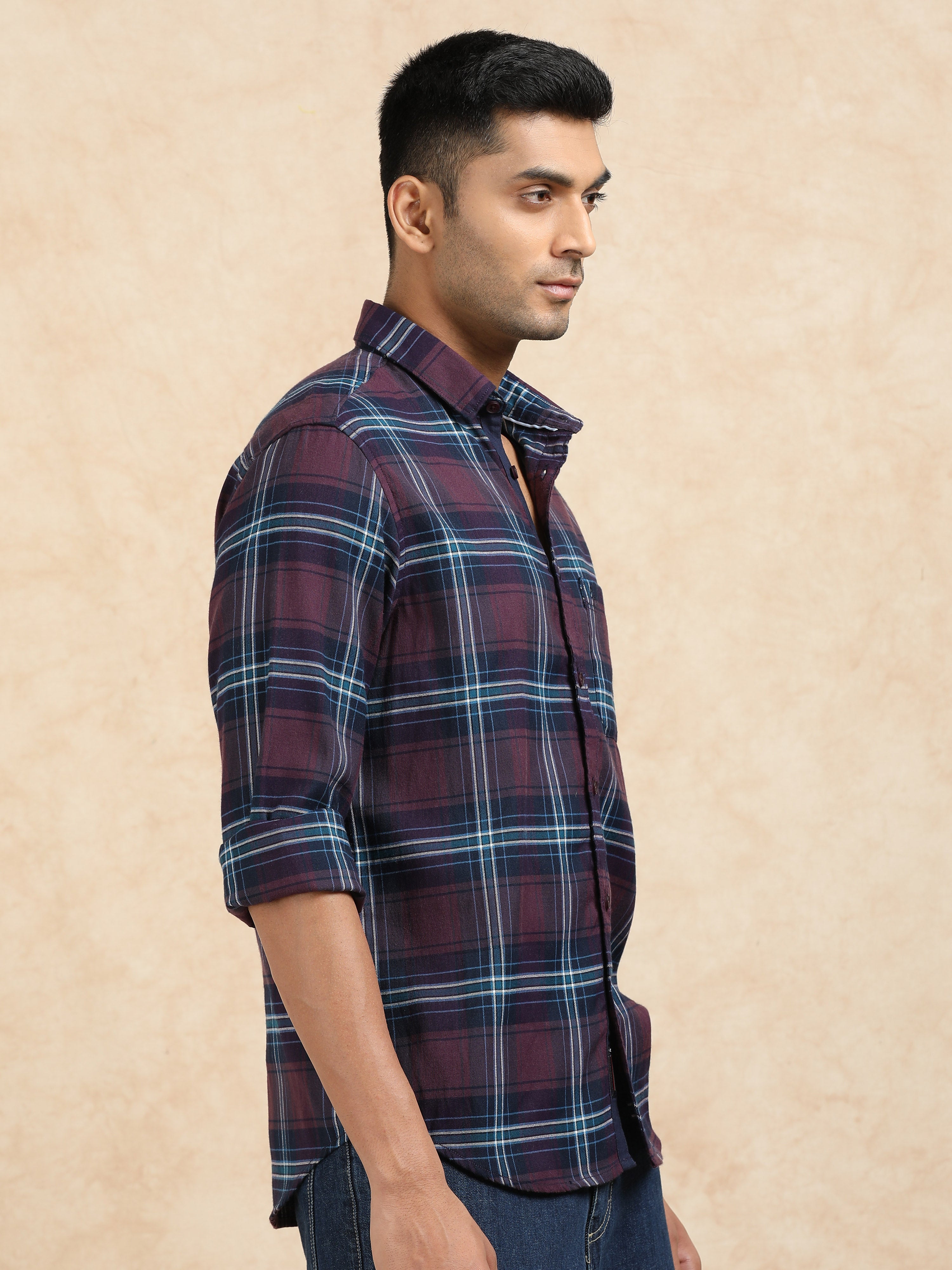 MEN'S BURGUNDY CHECKS SLIM FIT SHIRT