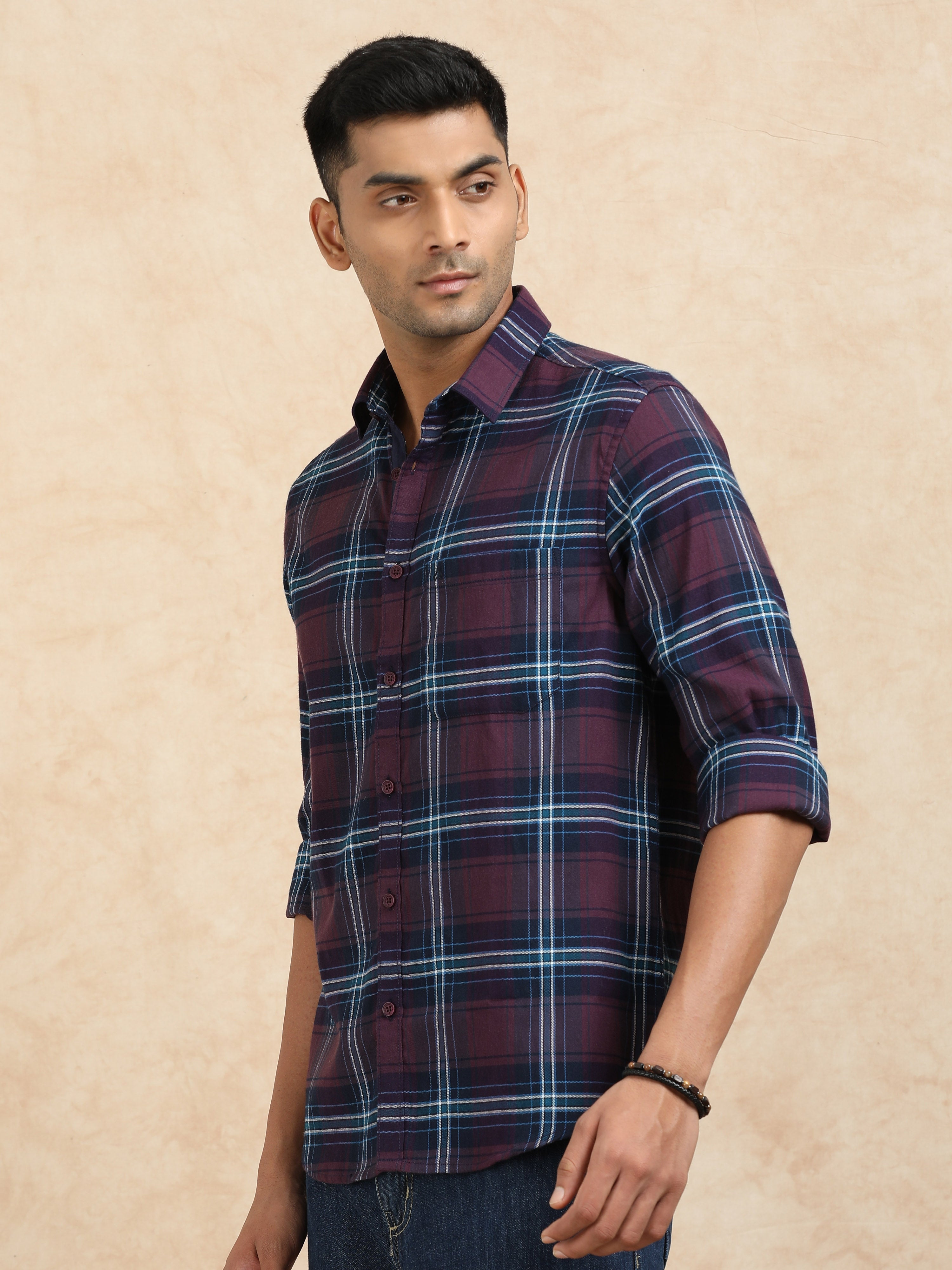 MEN'S BURGUNDY CHECKS SLIM FIT SHIRT