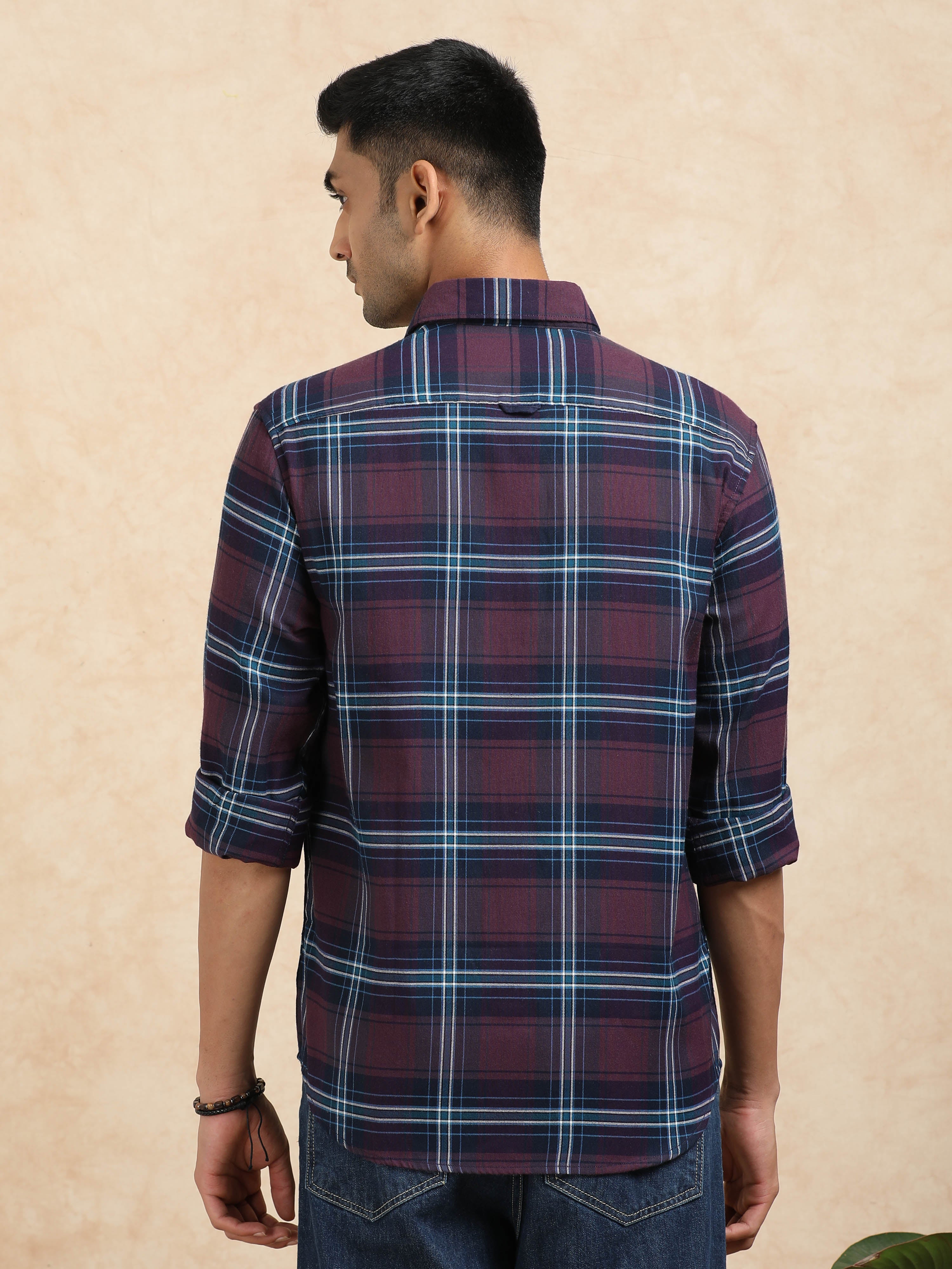MEN'S BURGUNDY CHECKS SLIM FIT SHIRT