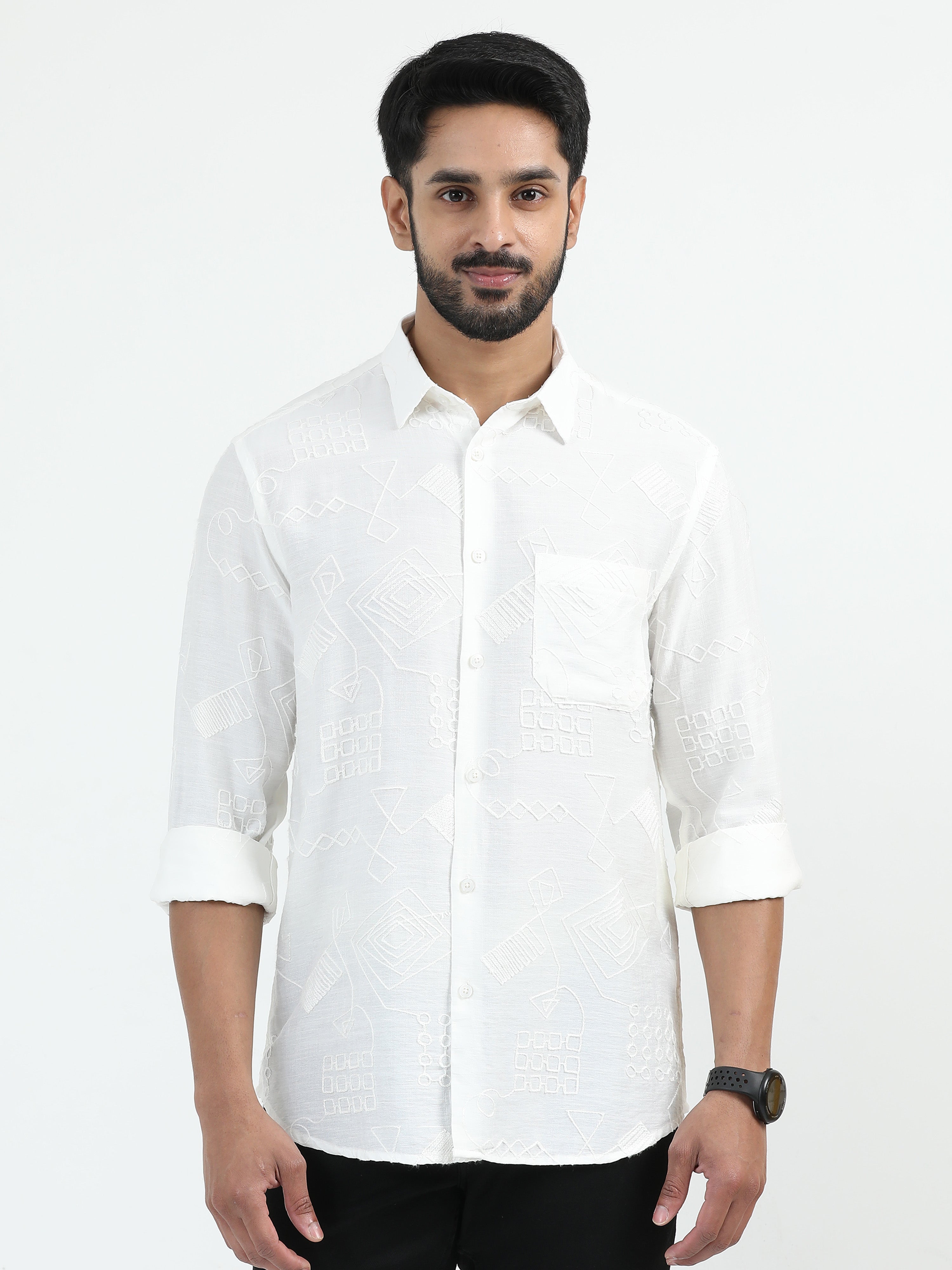 MEN'S WHITE PRINT SLIM FIT SHIRT