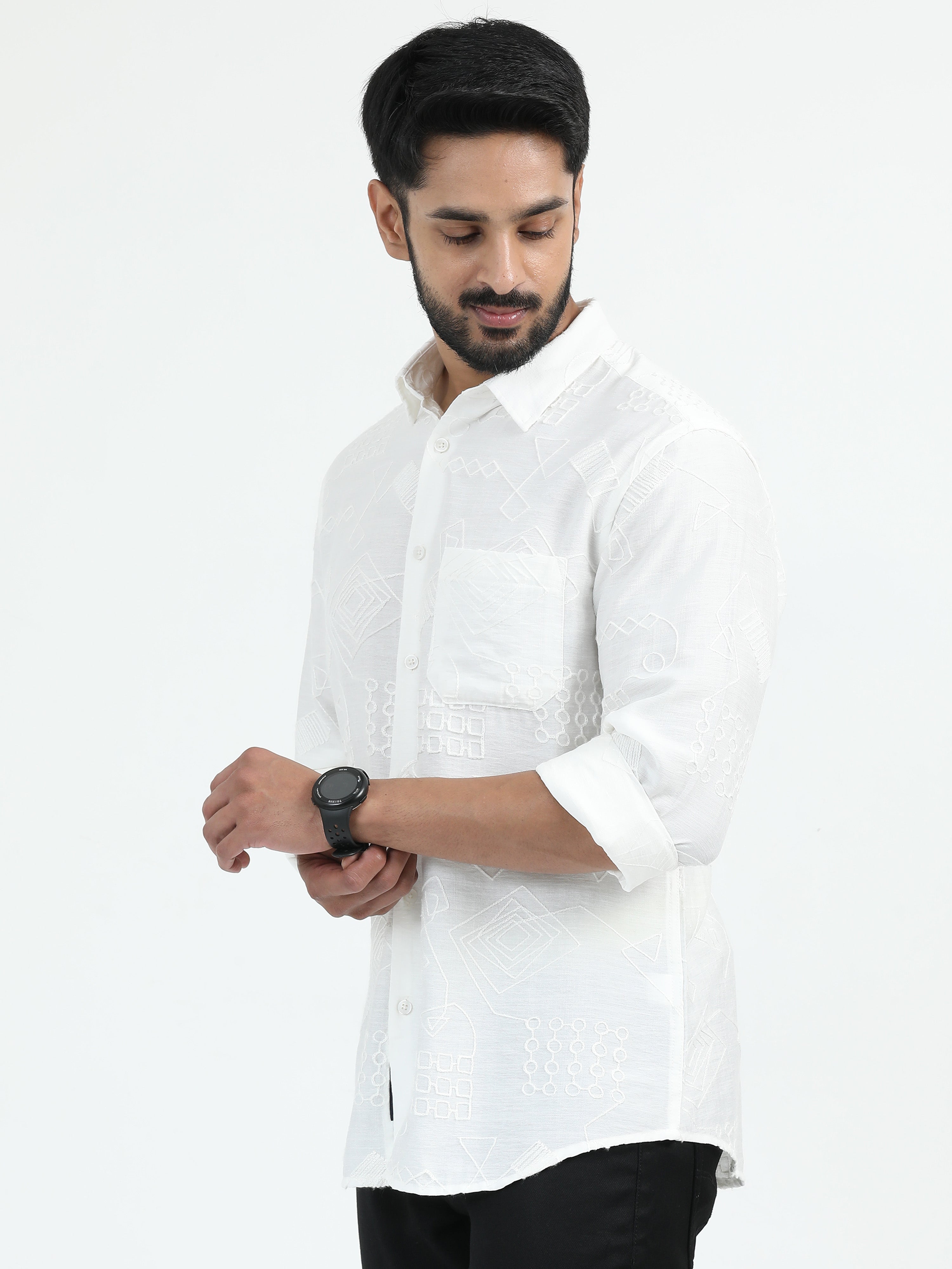 MEN'S WHITE PRINT SLIM FIT SHIRT